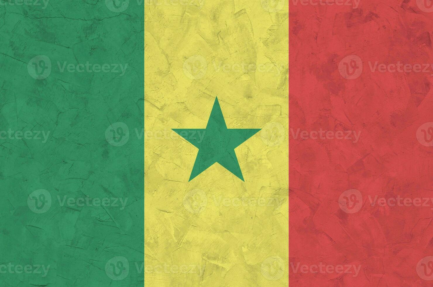 Senegal flag depicted in bright paint colors on old relief plastering wall. Textured banner on rough background photo