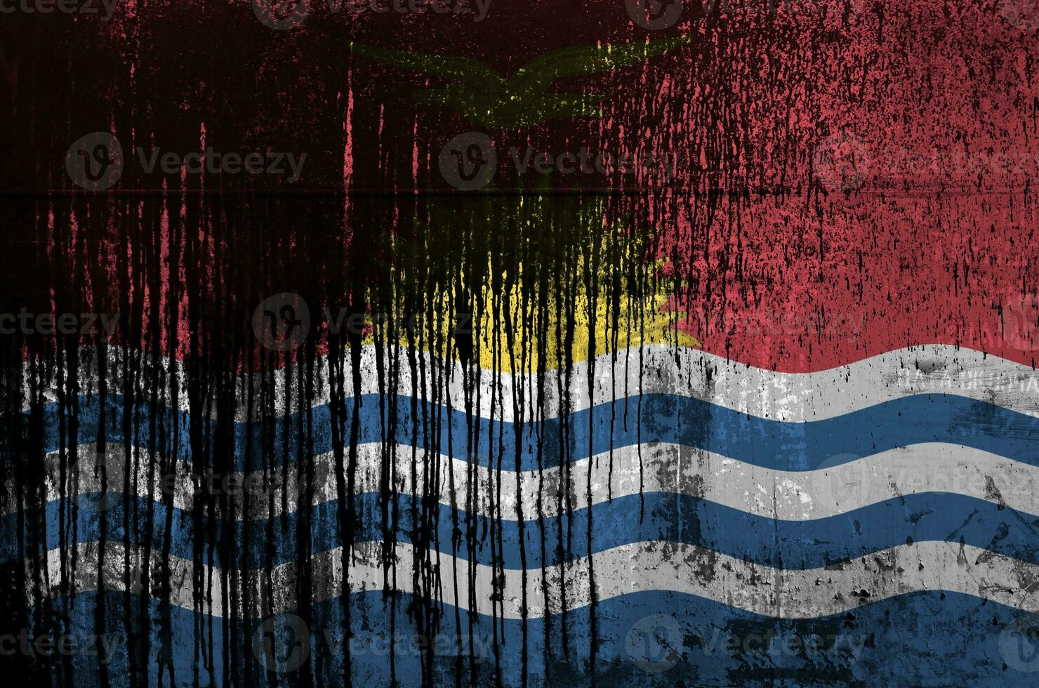 Kiribati flag depicted in paint colors on old and dirty oil barrel wall closeup. Textured banner on rough background photo