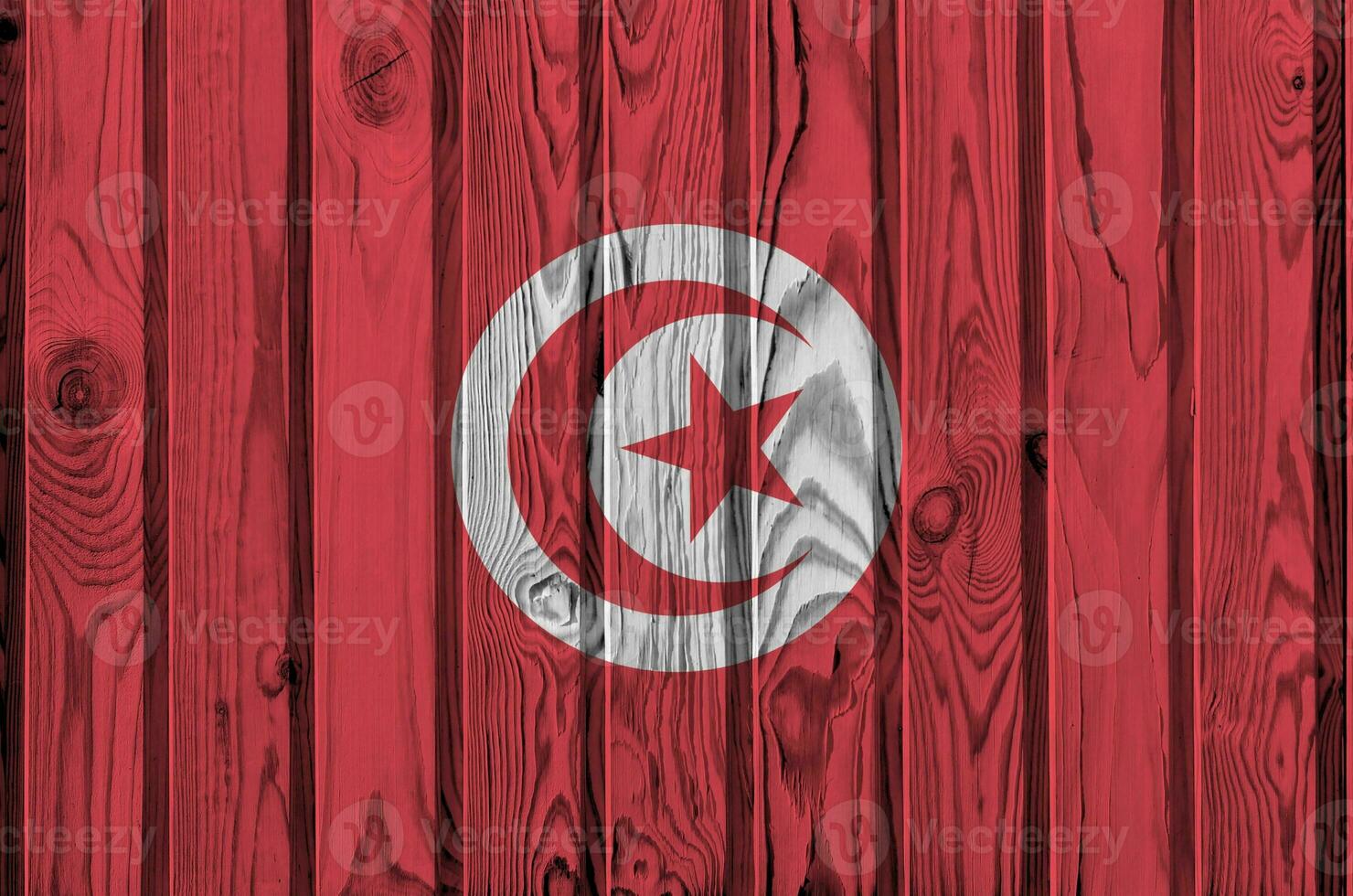 Tunisia flag depicted in bright paint colors on old wooden wall. Textured banner on rough background photo