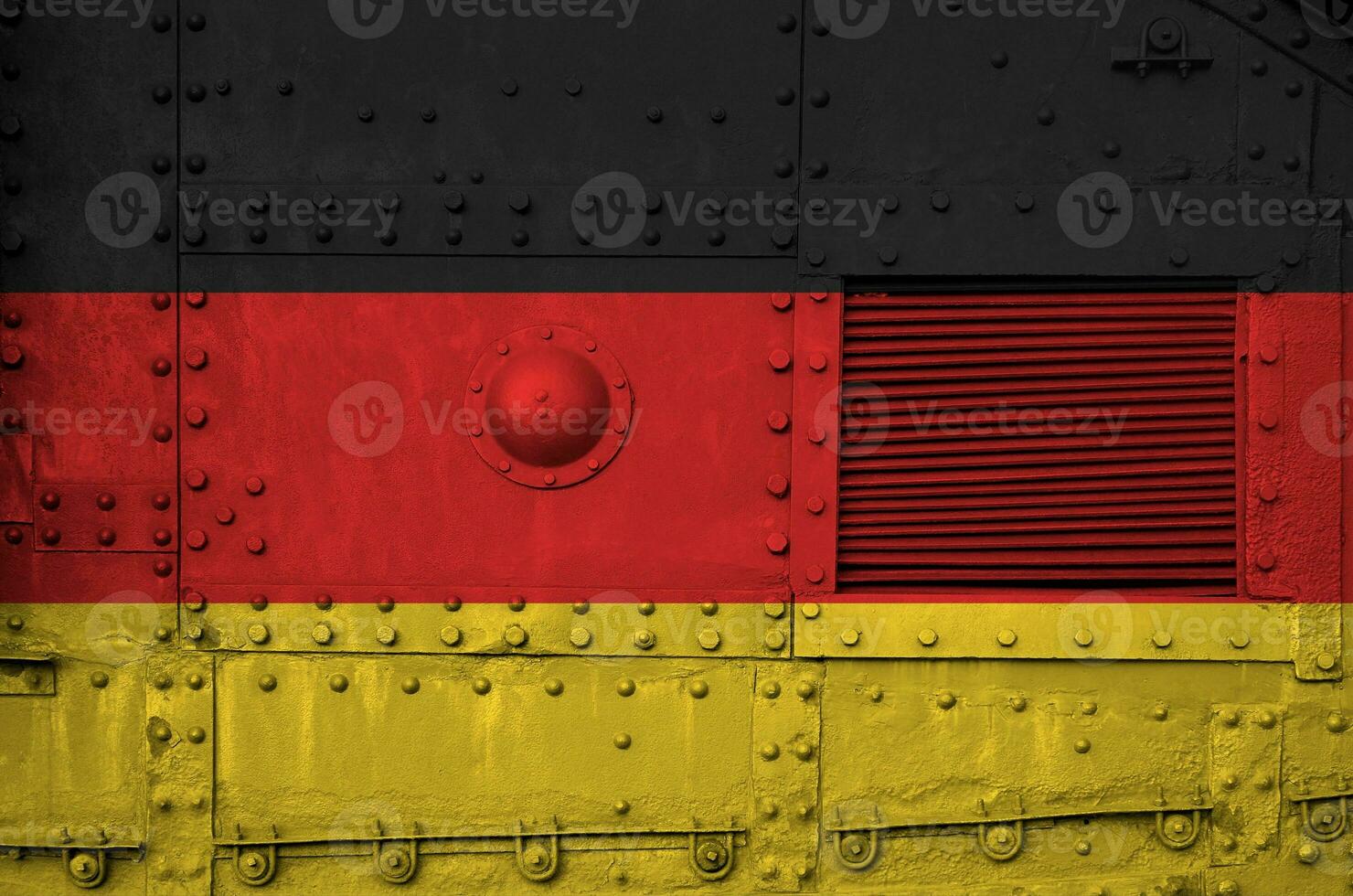 Germany flag depicted on side part of military armored tank closeup. Army forces conceptual background photo