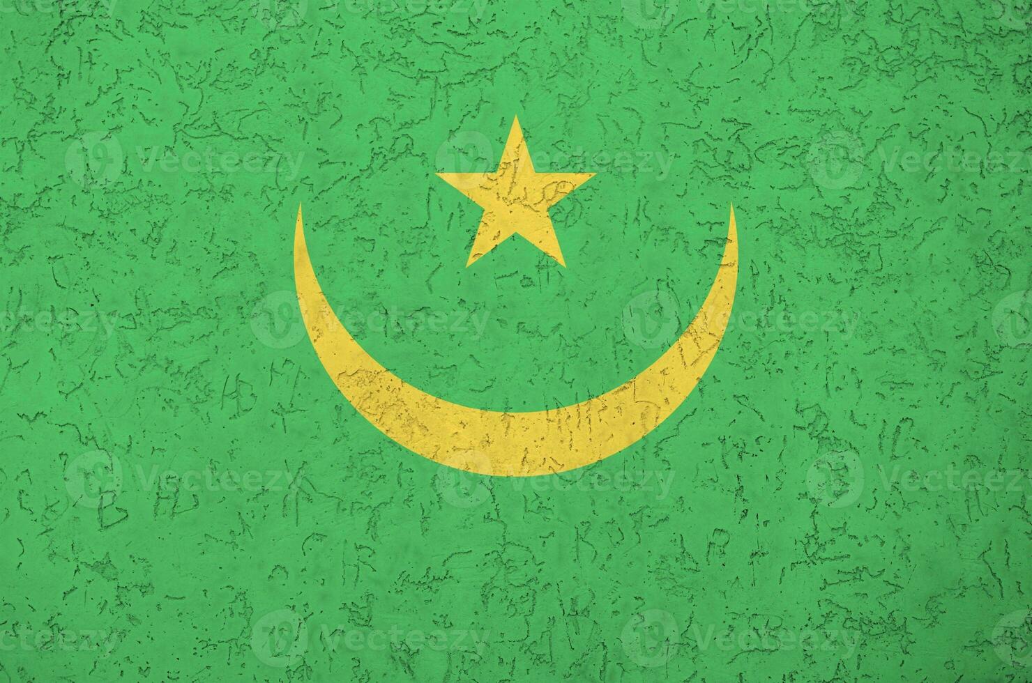 Mauritania flag depicted in bright paint colors on old relief plastering wall. Textured banner on rough background photo