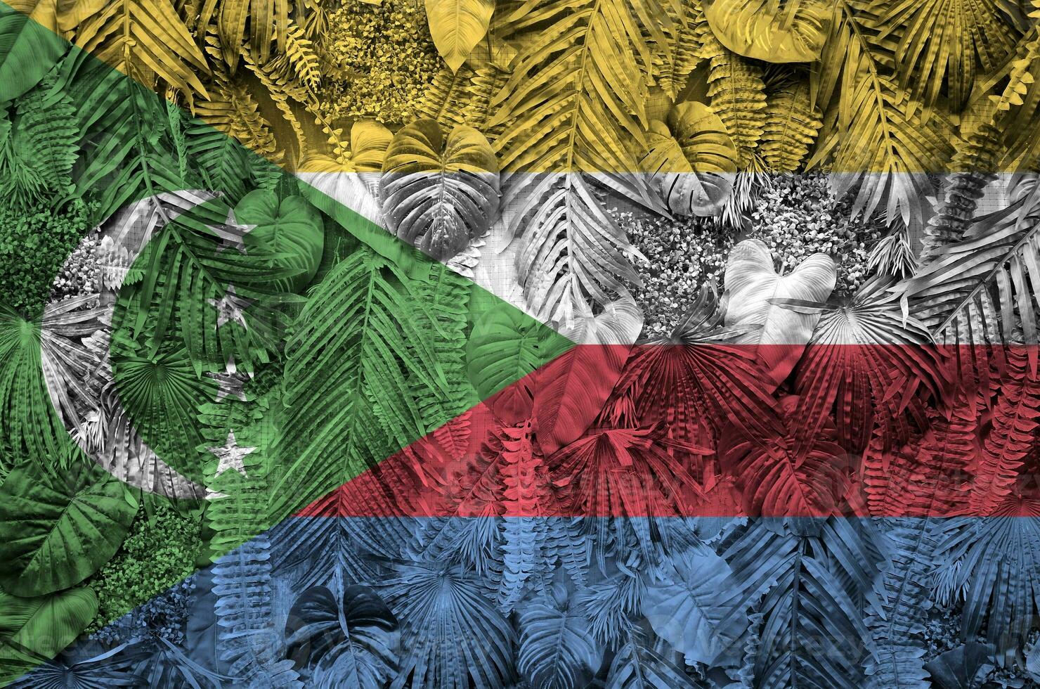 Comoros flag depicted on many leafs of monstera palm trees. Trendy fashionable backdrop photo