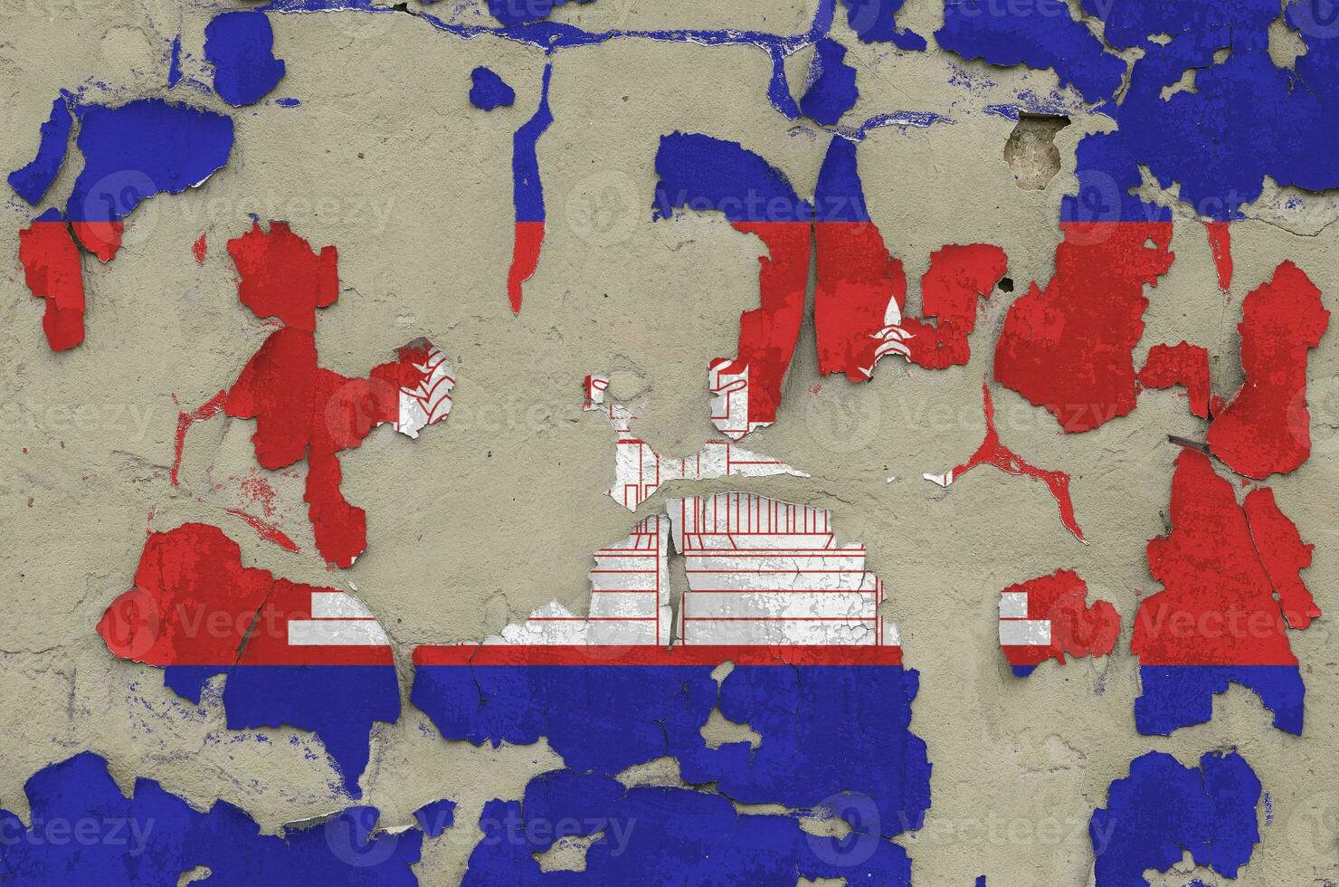 Cambodia flag depicted in paint colors on old obsolete messy concrete wall closeup. Textured banner on rough background photo