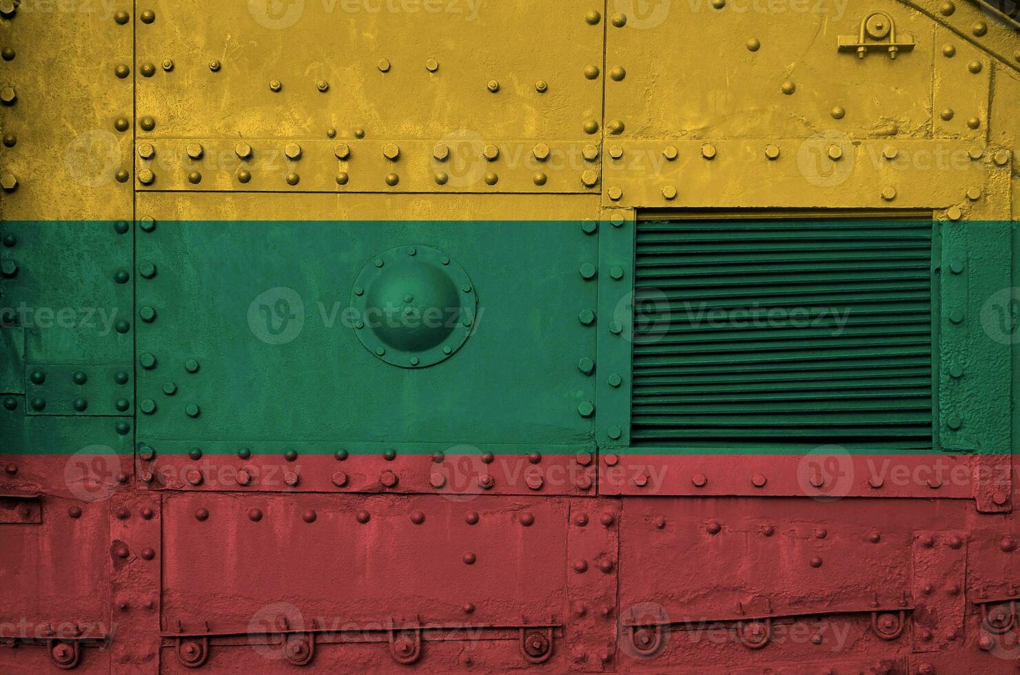 Lithuania flag depicted on side part of military armored tank closeup. Army forces conceptual background photo