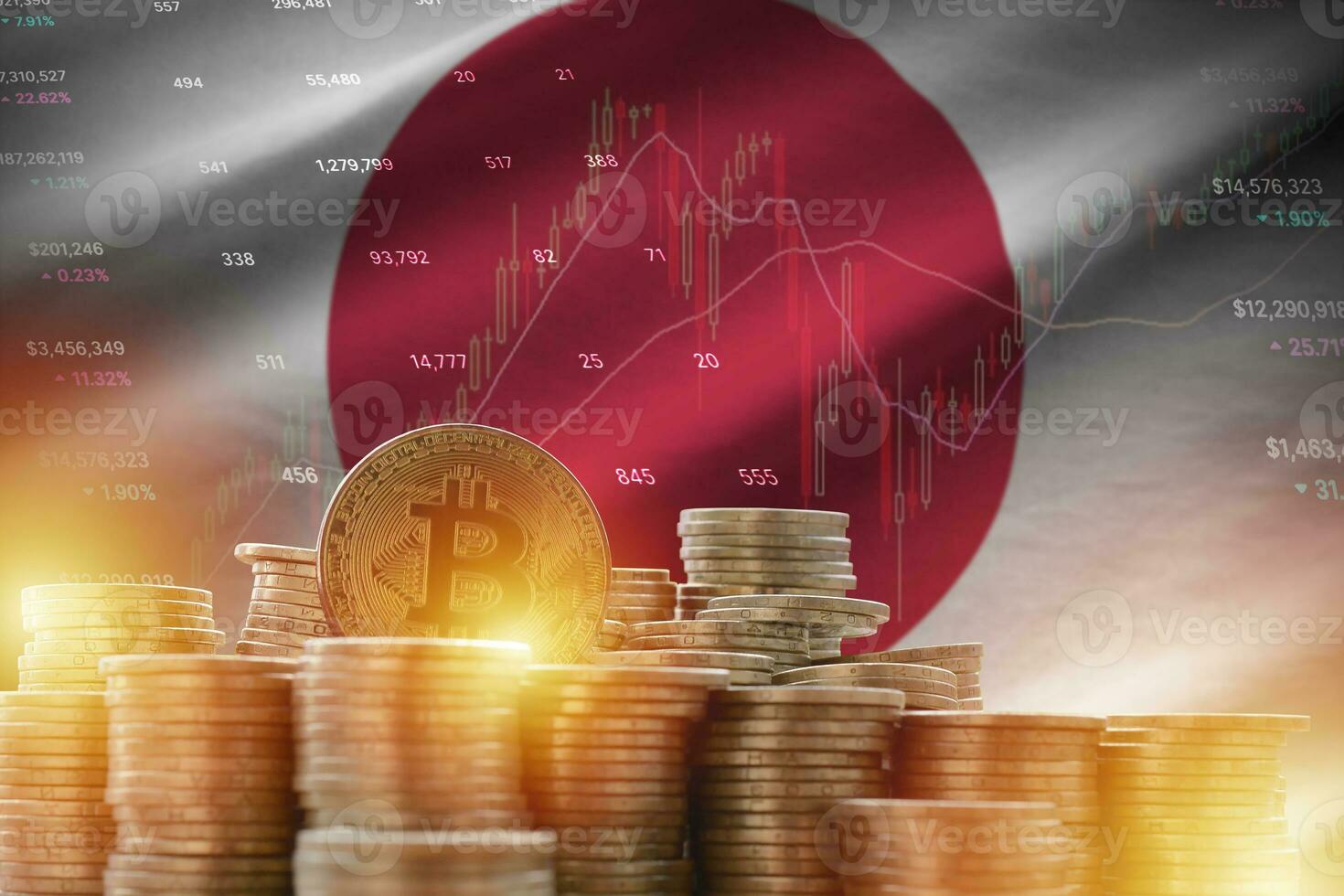 Japan flag and big amount of golden bitcoin coins and trading platform chart. Crypto currency photo