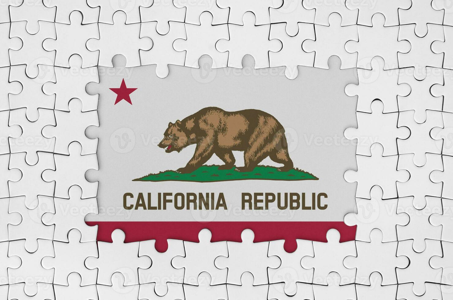 California US state flag in frame of white puzzle pieces with missing central part photo