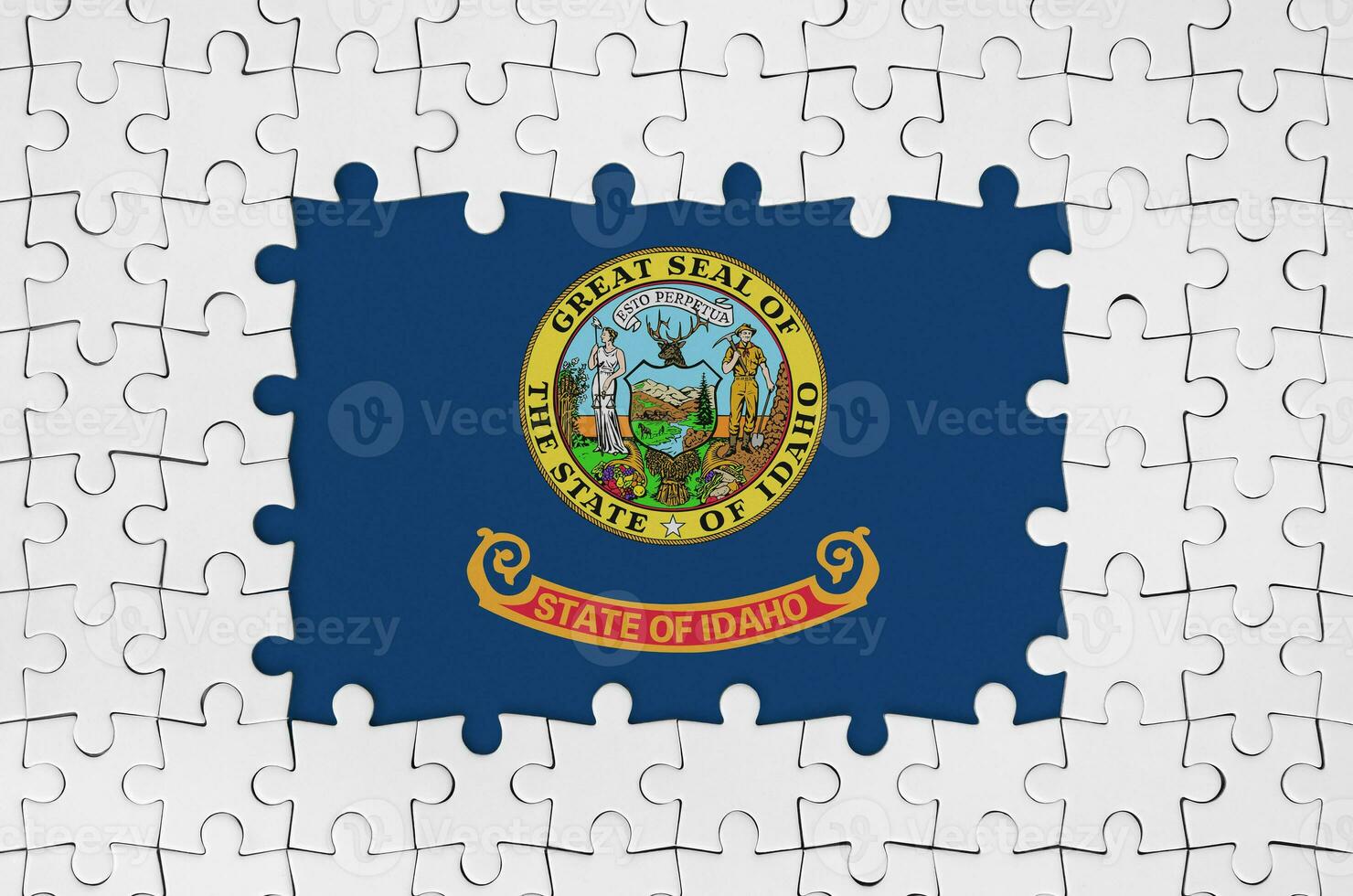 Idaho US state flag in frame of white puzzle pieces with missing central part photo