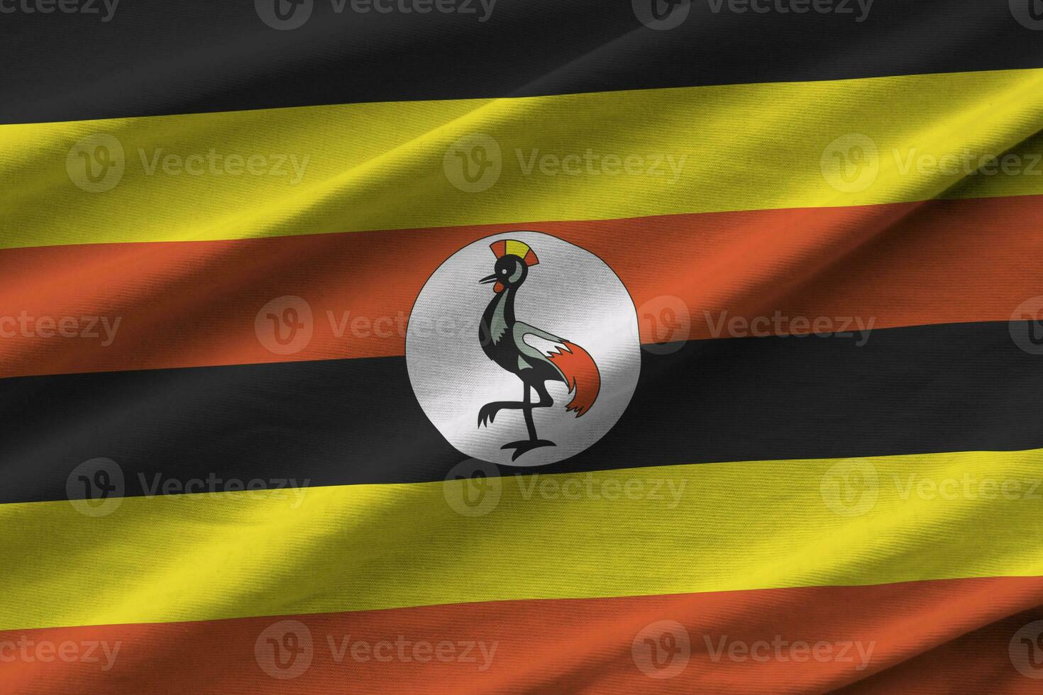 Uganda flag with big folds waving close up under the studio light indoors. The official symbols and colors in banner photo