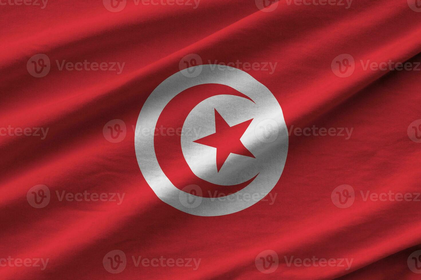 Tunisia flag with big folds waving close up under the studio light indoors. The official symbols and colors in banner photo