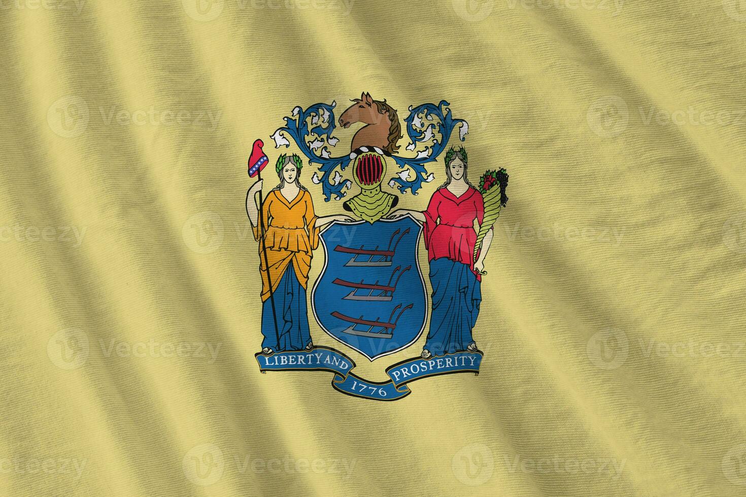 New Jersey US state flag with big folds waving close up under the studio light indoors. The official symbols and colors in banner photo