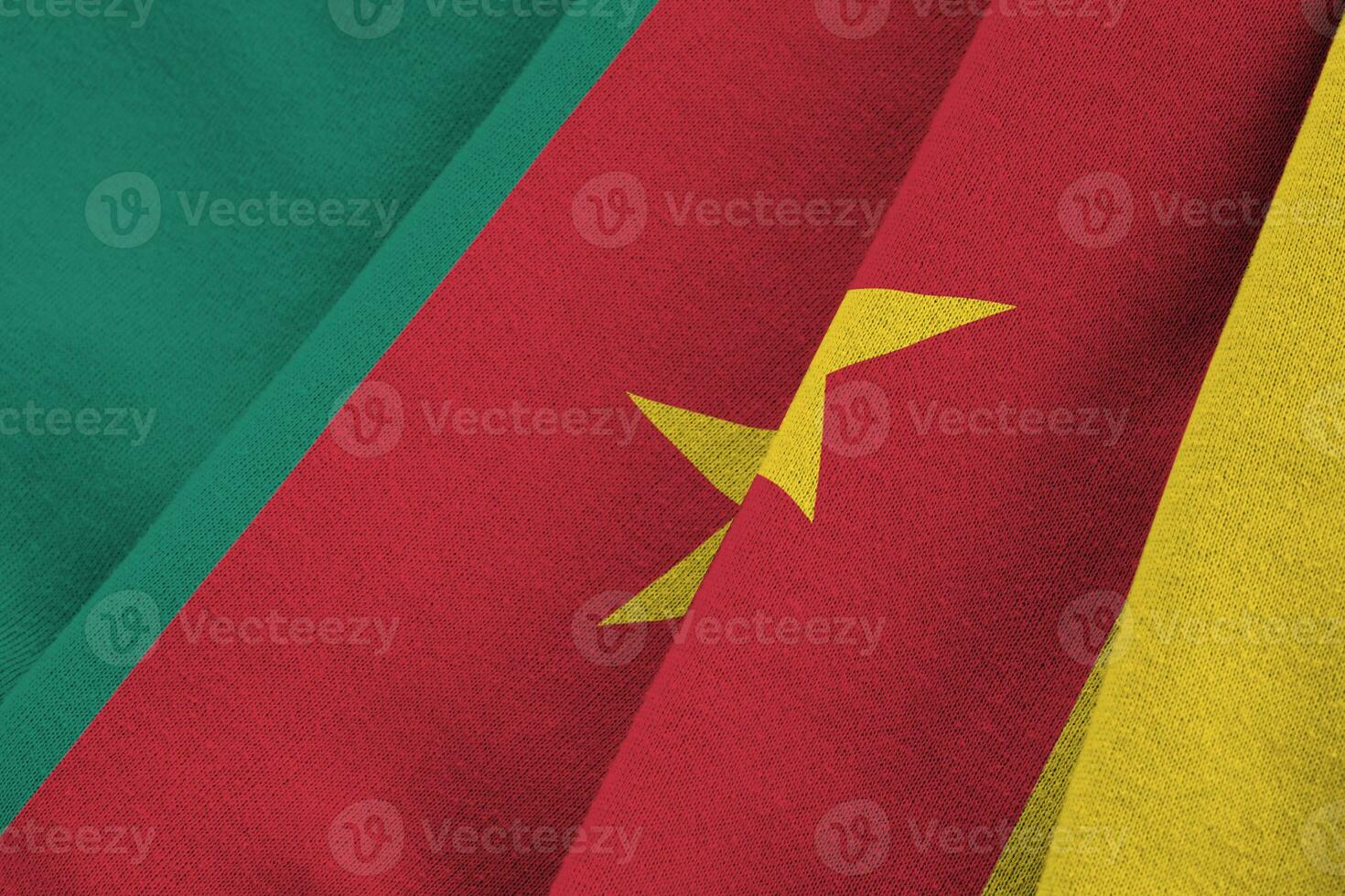 Cameroon flag with big folds waving close up under the studio light indoors. The official symbols and colors in banner photo