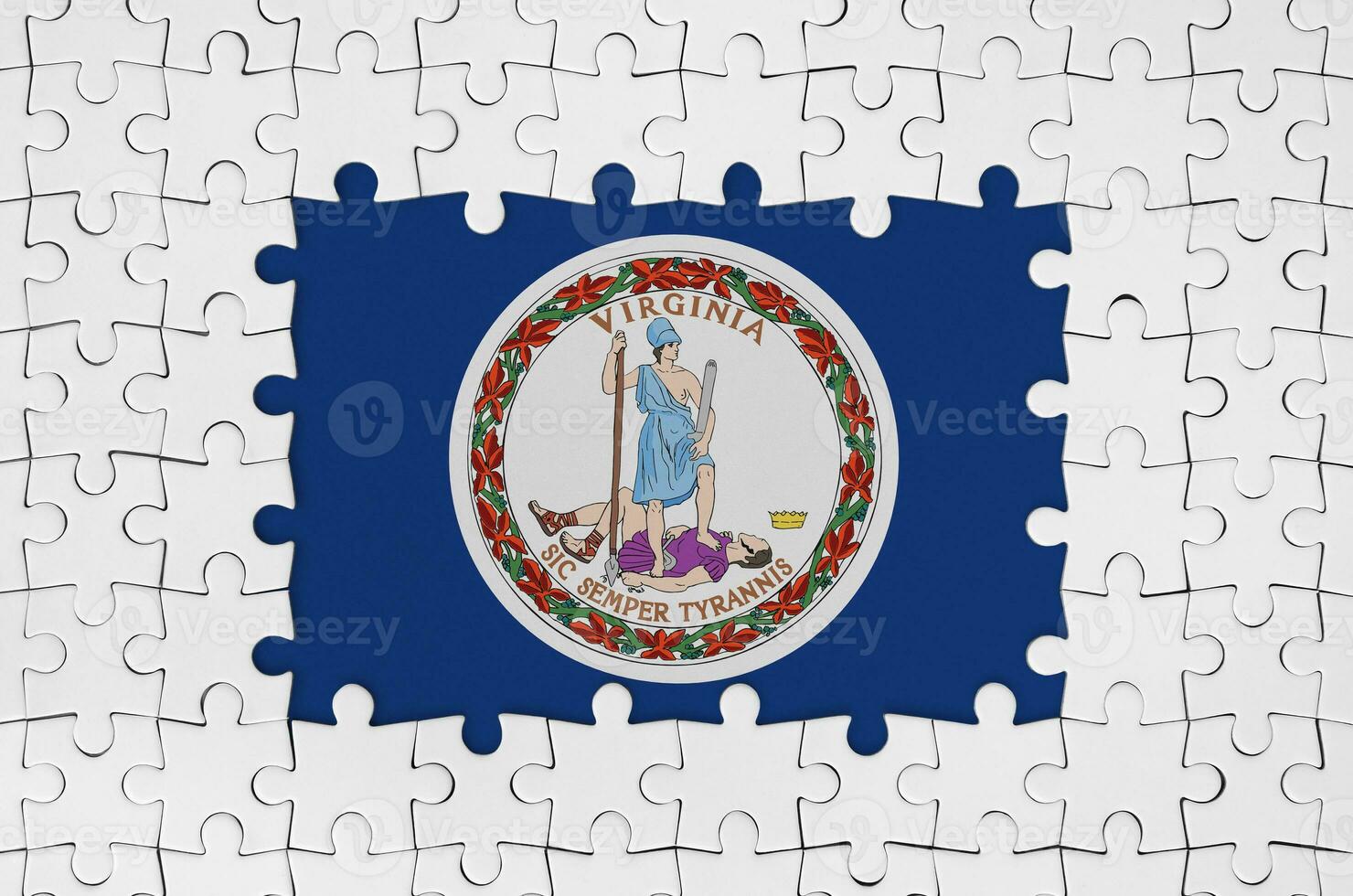 Virginia US state flag in frame of white puzzle pieces with missing central part photo