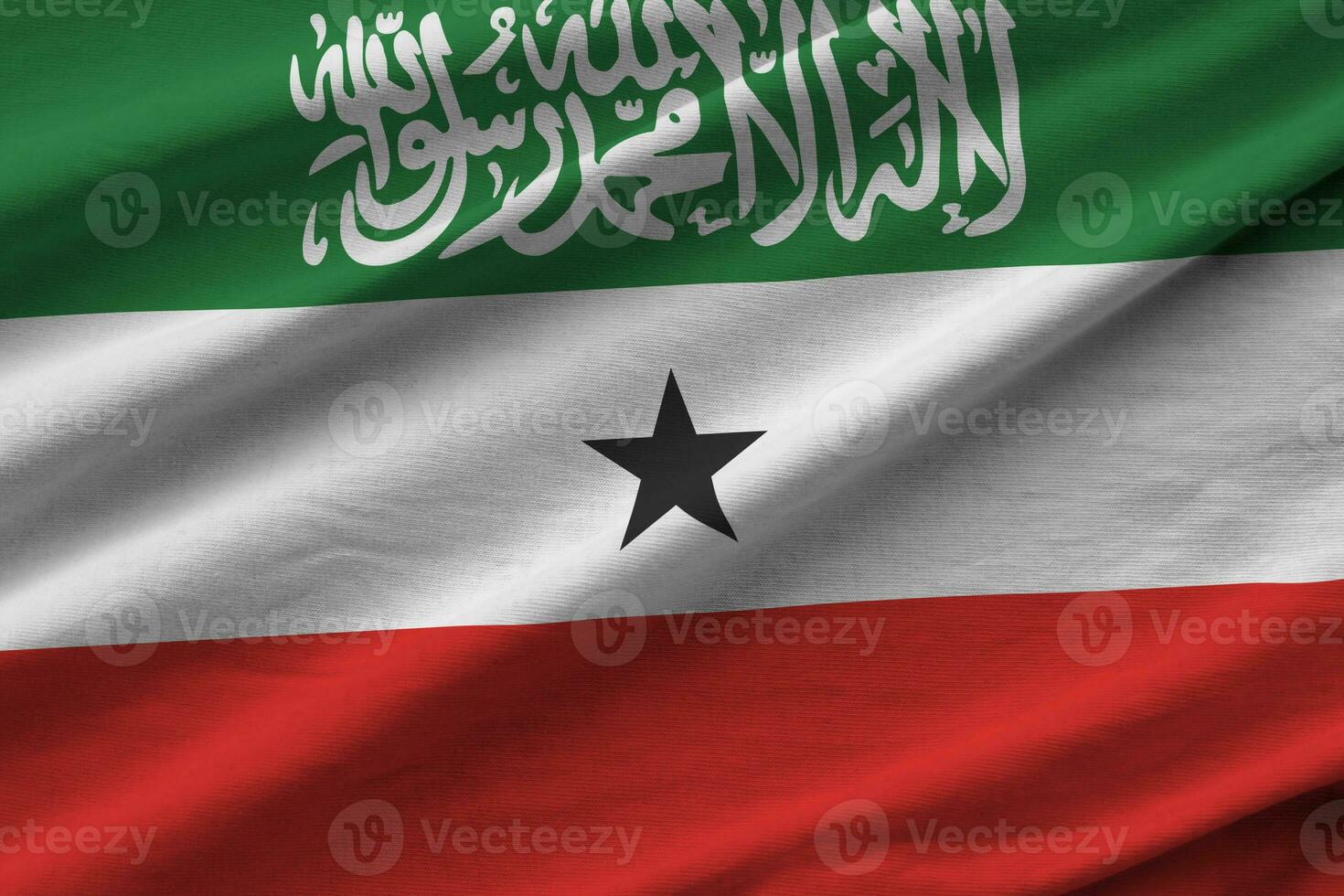 Somaliland flag with big folds waving close up under the studio light indoors. The official symbols and colors in banner photo
