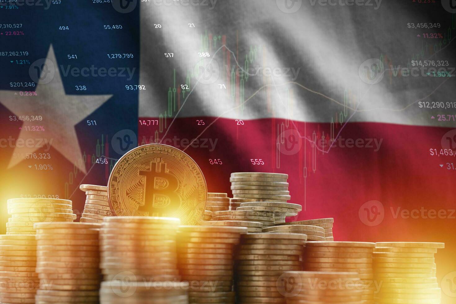 Texas US state flag and big amount of golden bitcoin coins and trading platform chart. Crypto currency photo