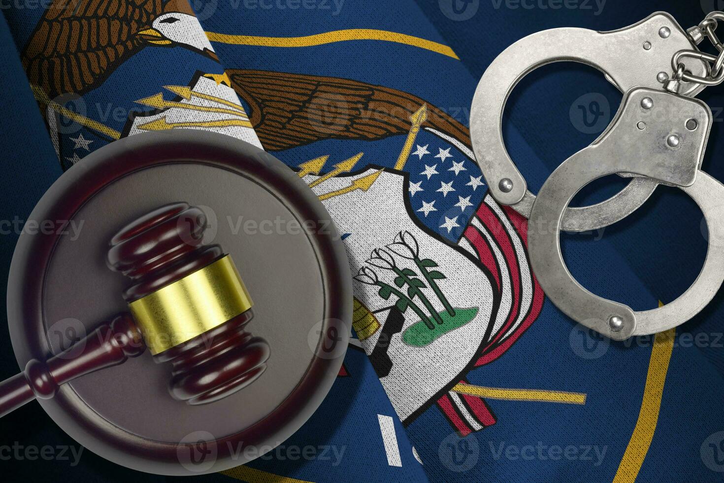 Utah US state flag with judge mallet and handcuffs in dark room. Concept of criminal and punishment photo