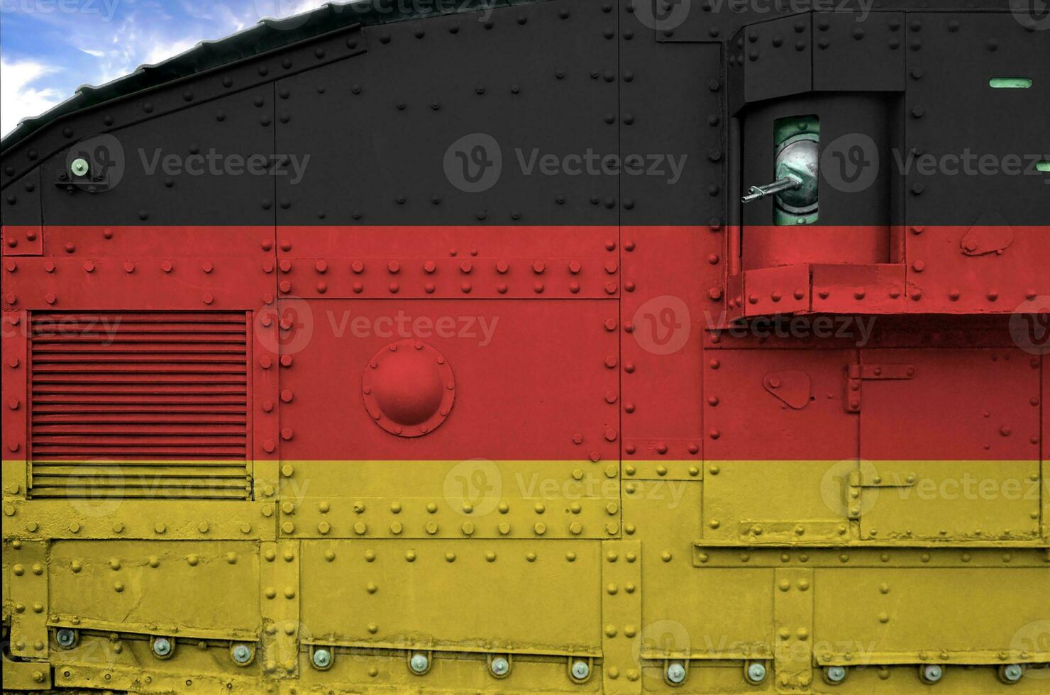 Germany flag depicted on side part of military armored tank closeup. Army forces conceptual background photo