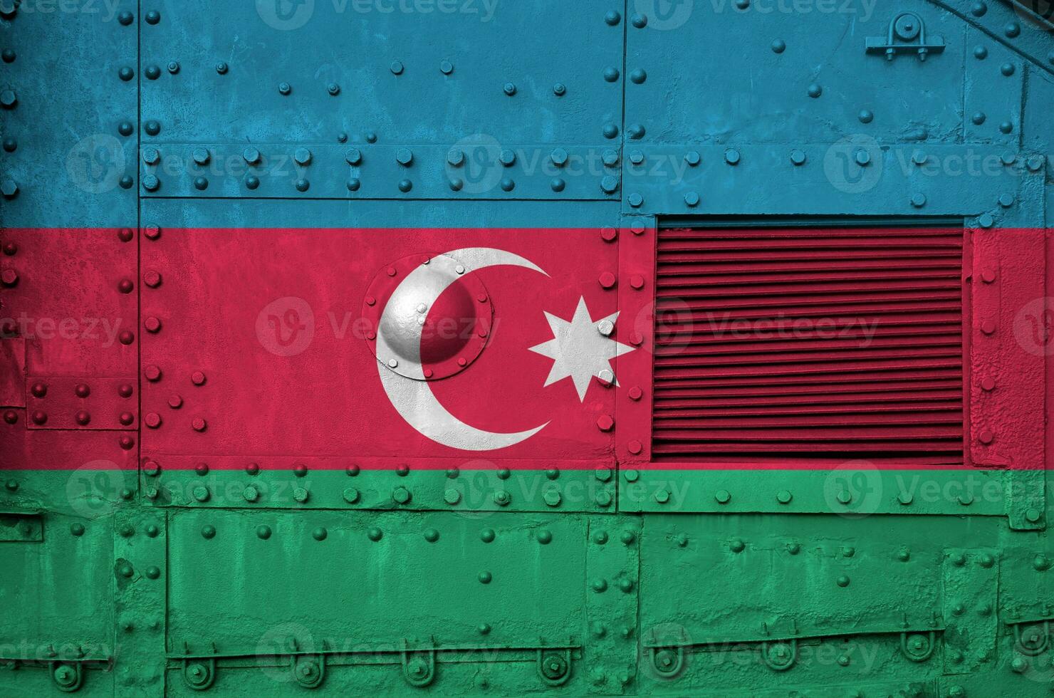 Azerbaijan flag depicted on side part of military armored tank closeup. Army forces conceptual background photo