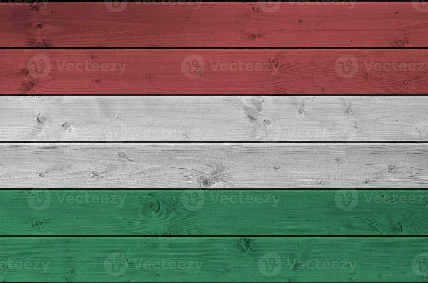 Hungría bandera representado en brillante pintar colores en antiguo de madera pared. texturizado bandera en áspero antecedentes foto
