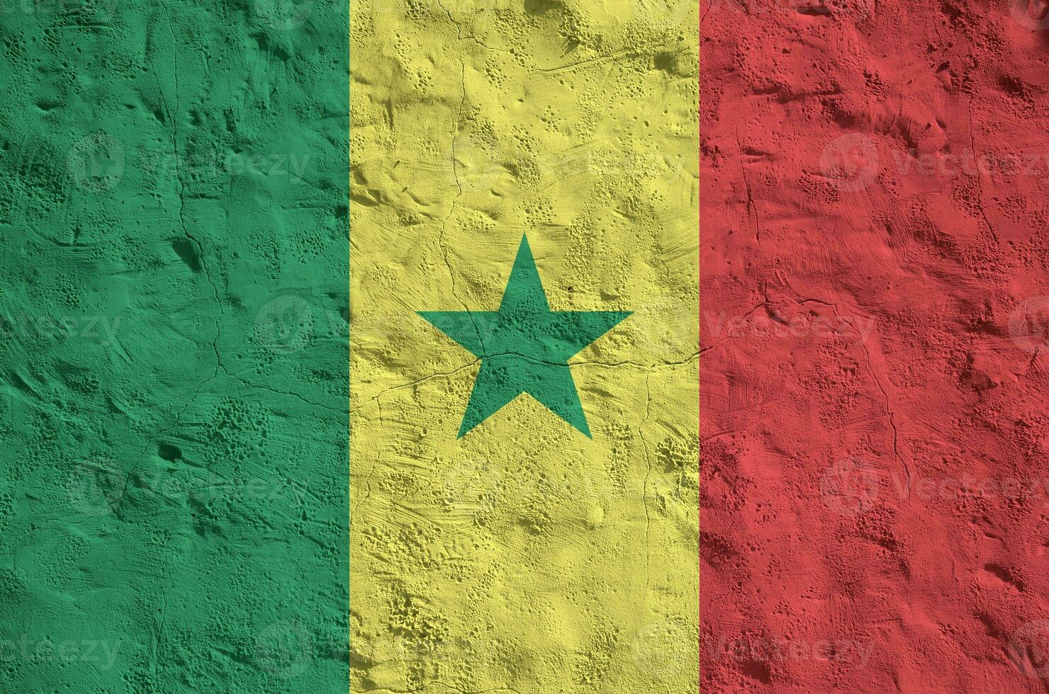 Senegal flag depicted in bright paint colors on old relief plastering wall. Textured banner on rough background photo