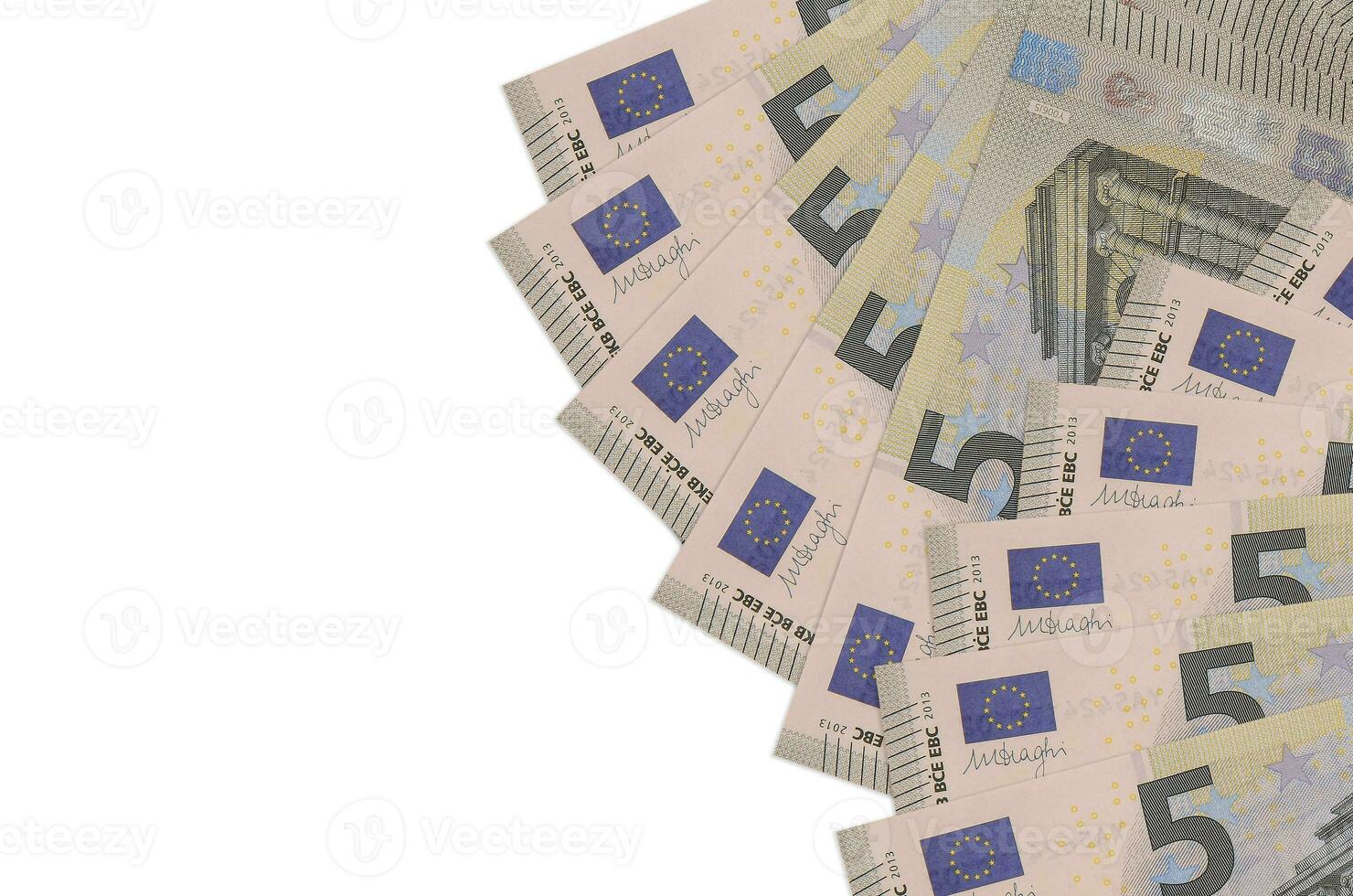 5 euro bills lies isolated on white background with copy space. Rich life conceptual background photo