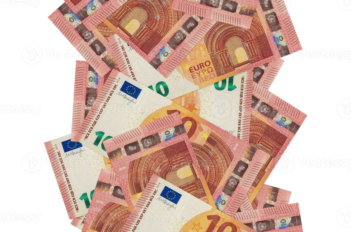 10 euro bills flying down isolated on white. Many banknotes falling with white copyspace on left and right side photo