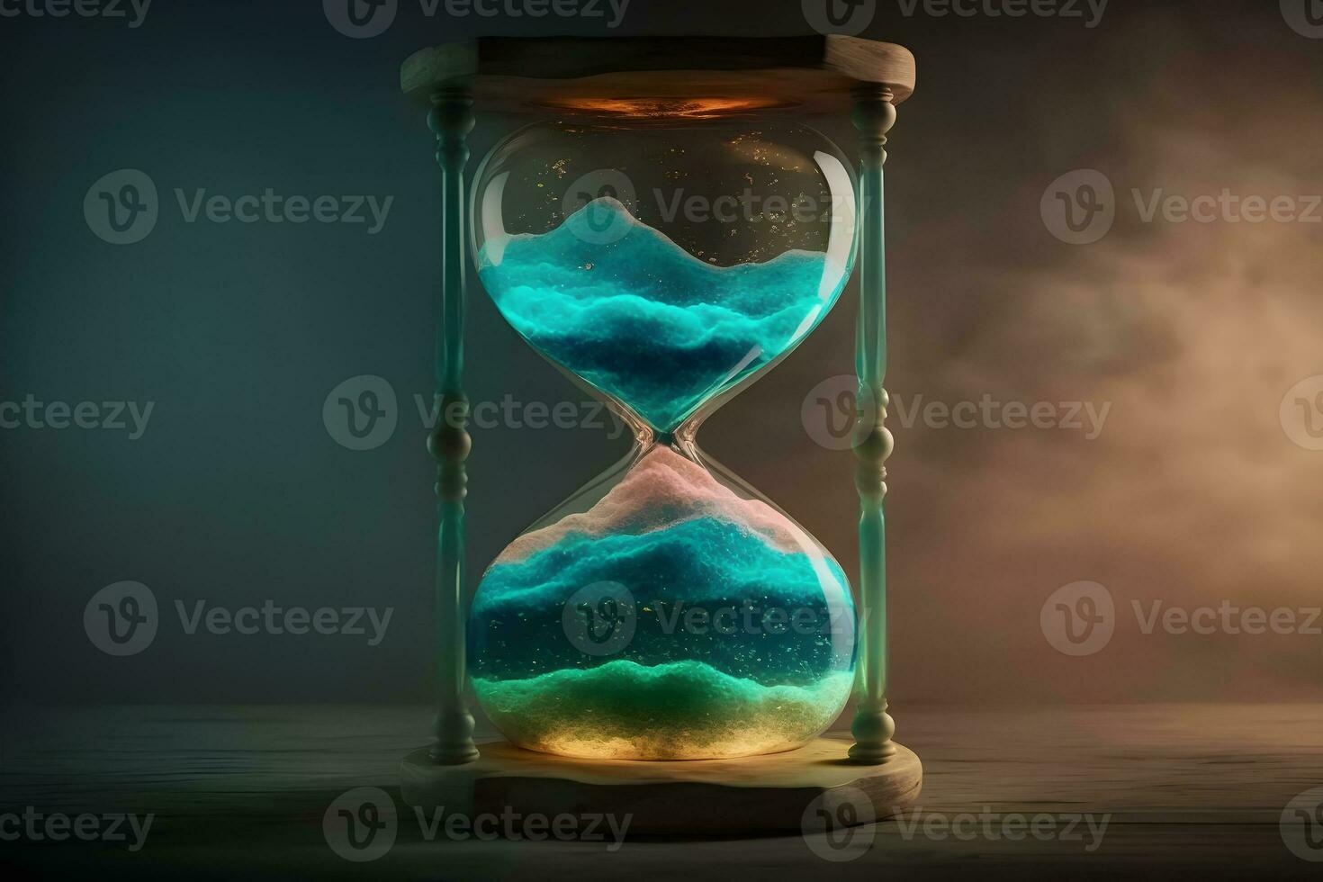 Sand running through the bulbs of an hourglass measuring the passing time in a countdown to a deadline. Neural network AI generated photo