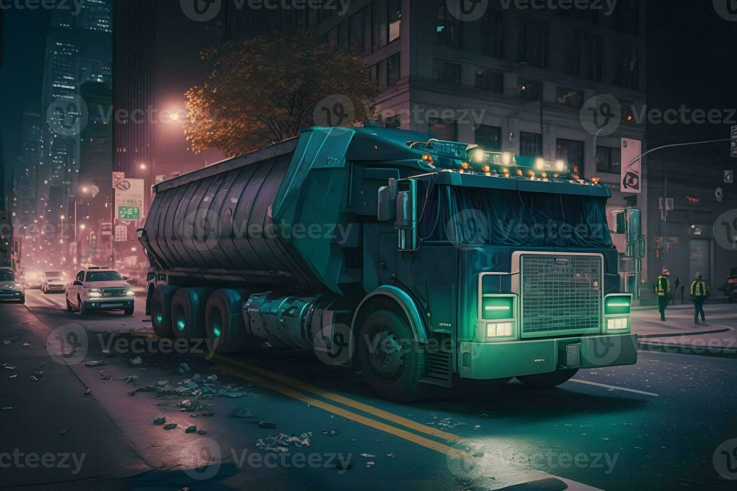 basura camión en el noche ciudad. neural red ai generado foto