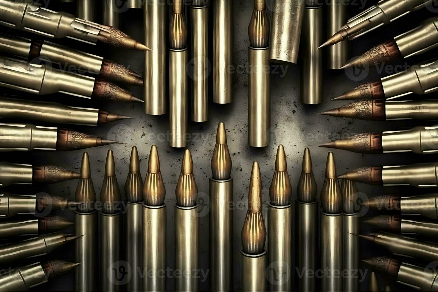 A pile of ammunition for weapons. Cartridges for machine guns and carbines. Background from new shiny cartridges. Neural network AI generated photo