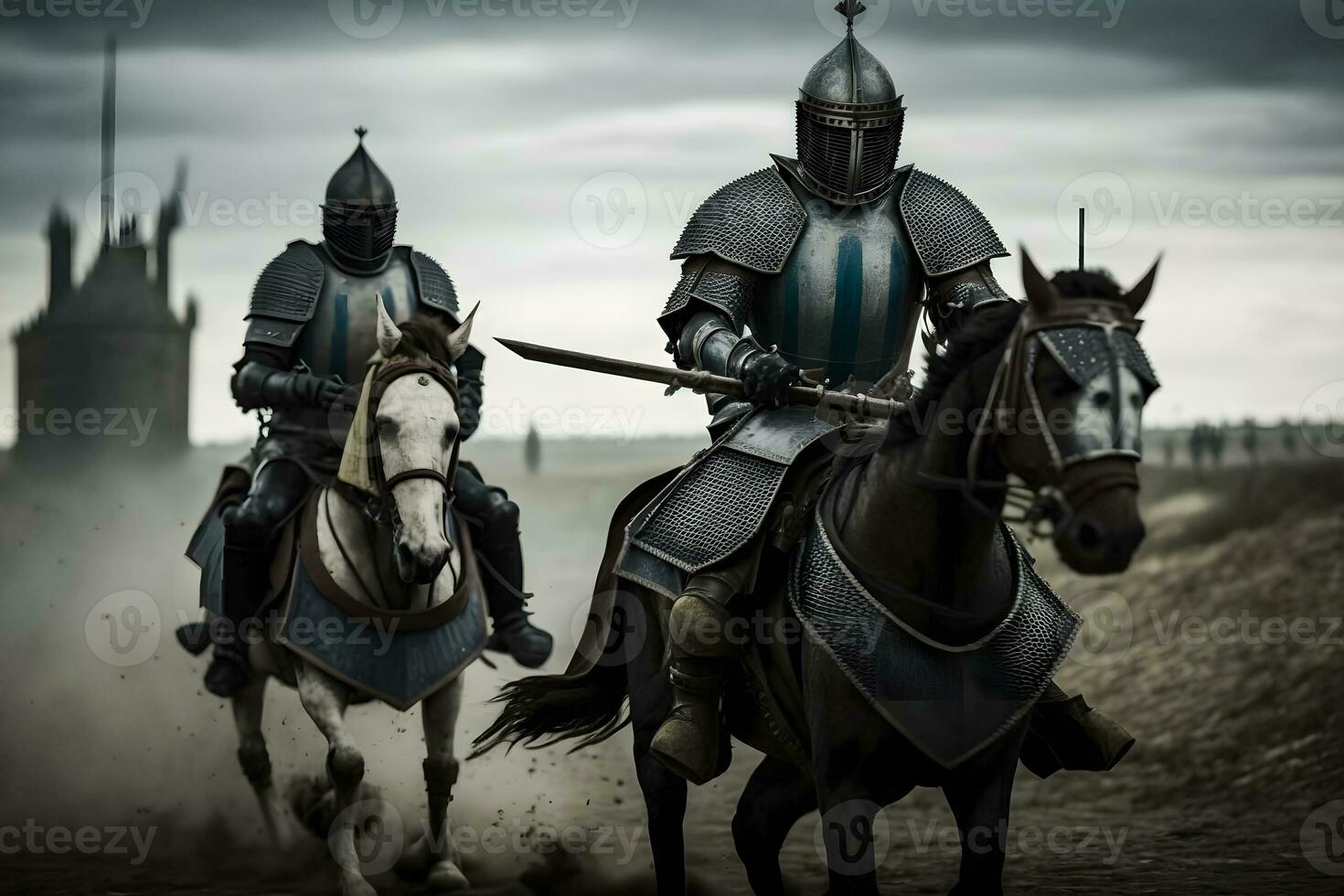 Epic Battlefield Armies of Medieval Knights Fighting with Swords. Neural network AI generated photo