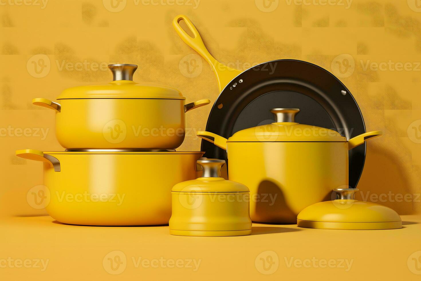 Yellow kitchen utensils set. Neural network AI generated photo