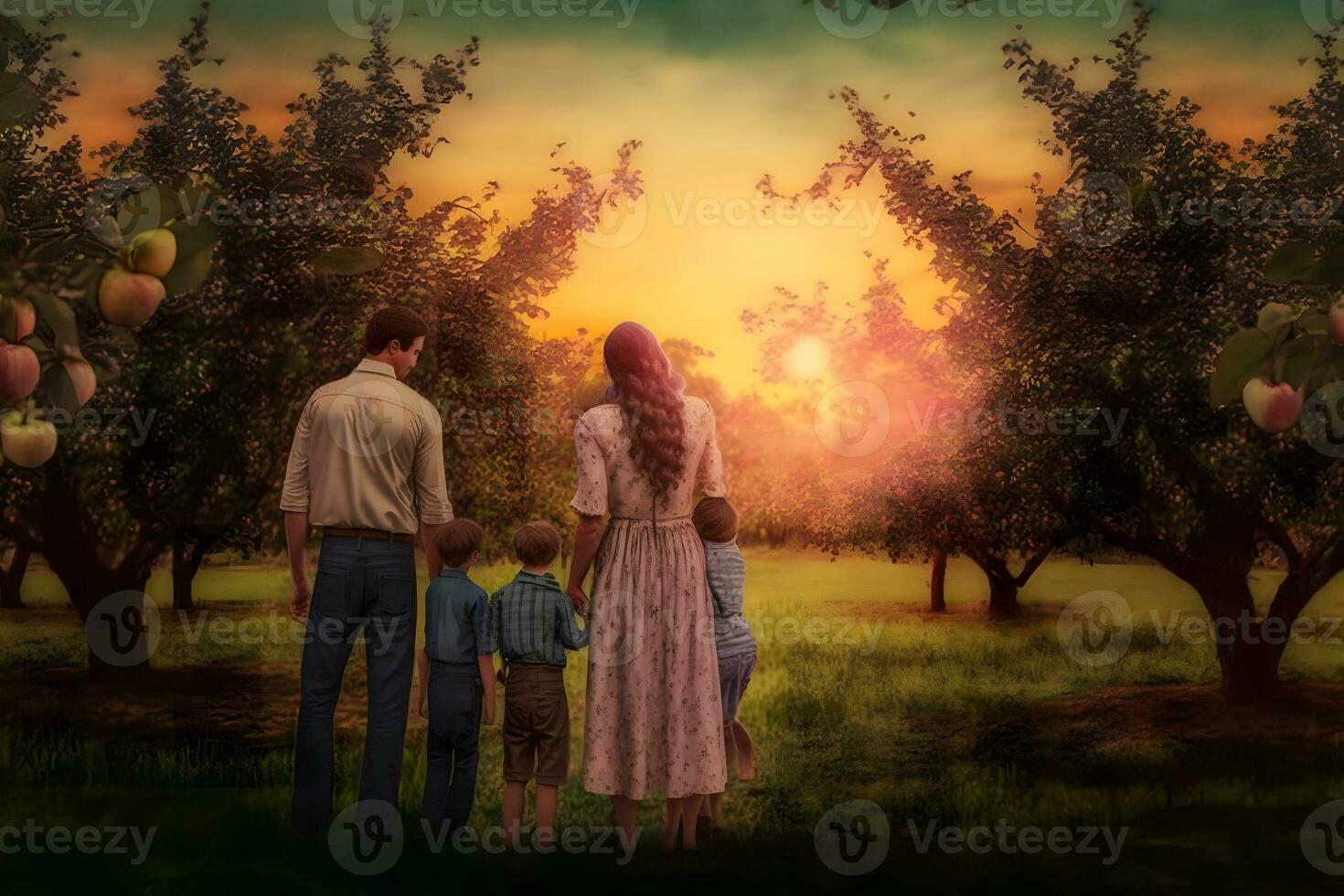 happy family at sunset. Neural network AI generated photo