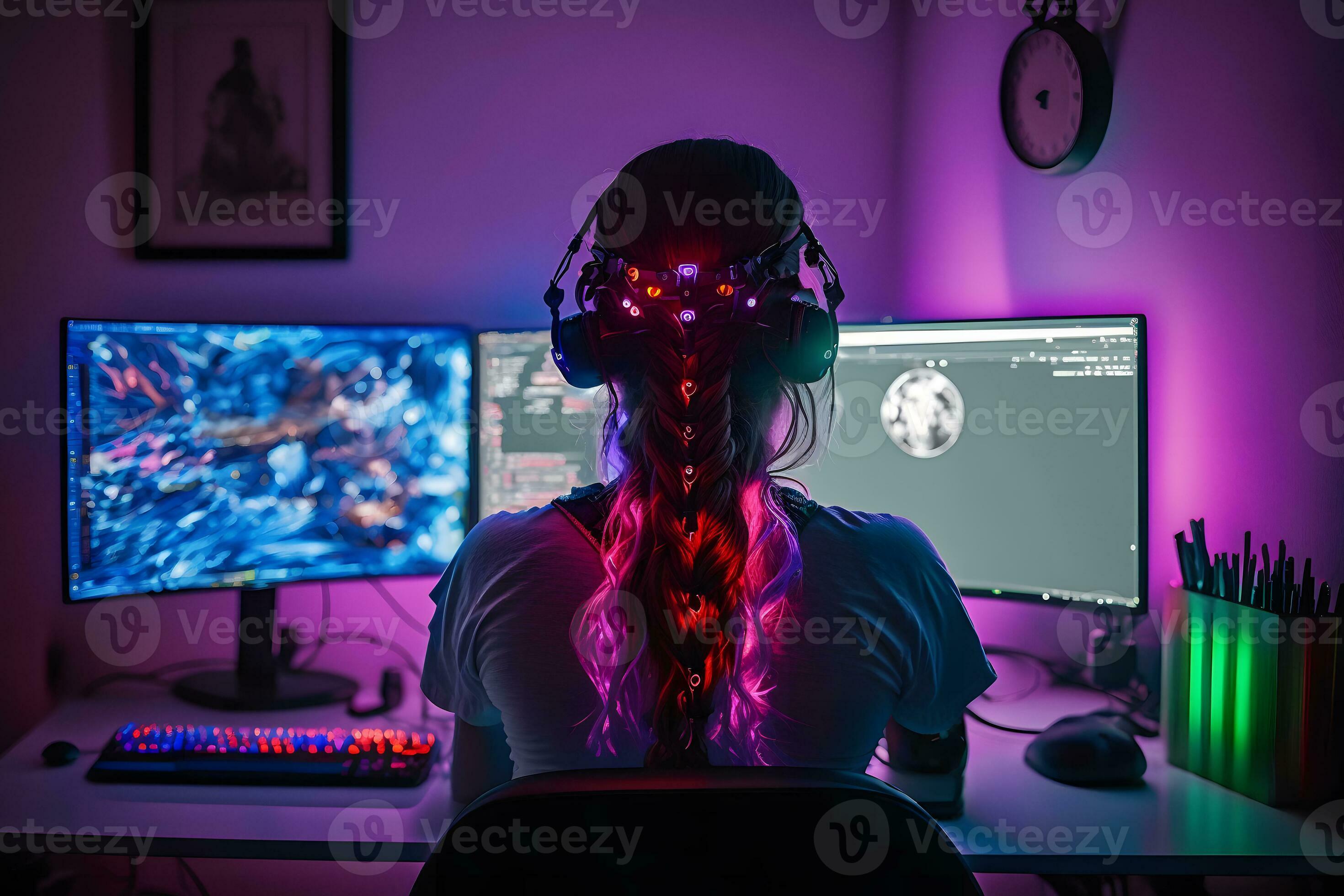 Girl in headphones plays a video game on the big TV screen. Gamer with a  joystick.