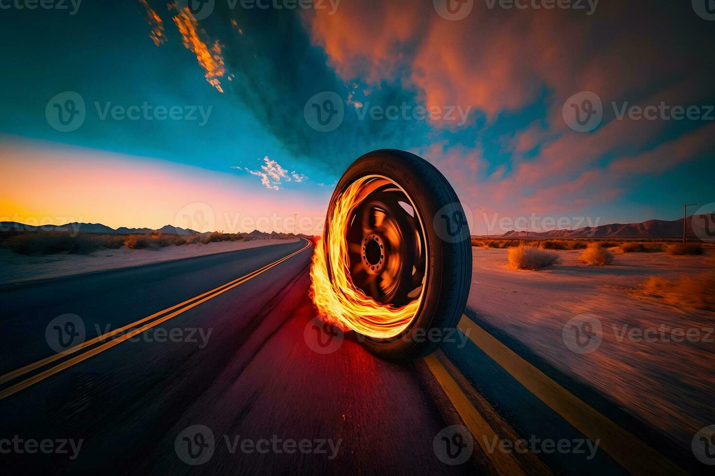 Wheel, tire burning on the track. Neural network AI generated photo