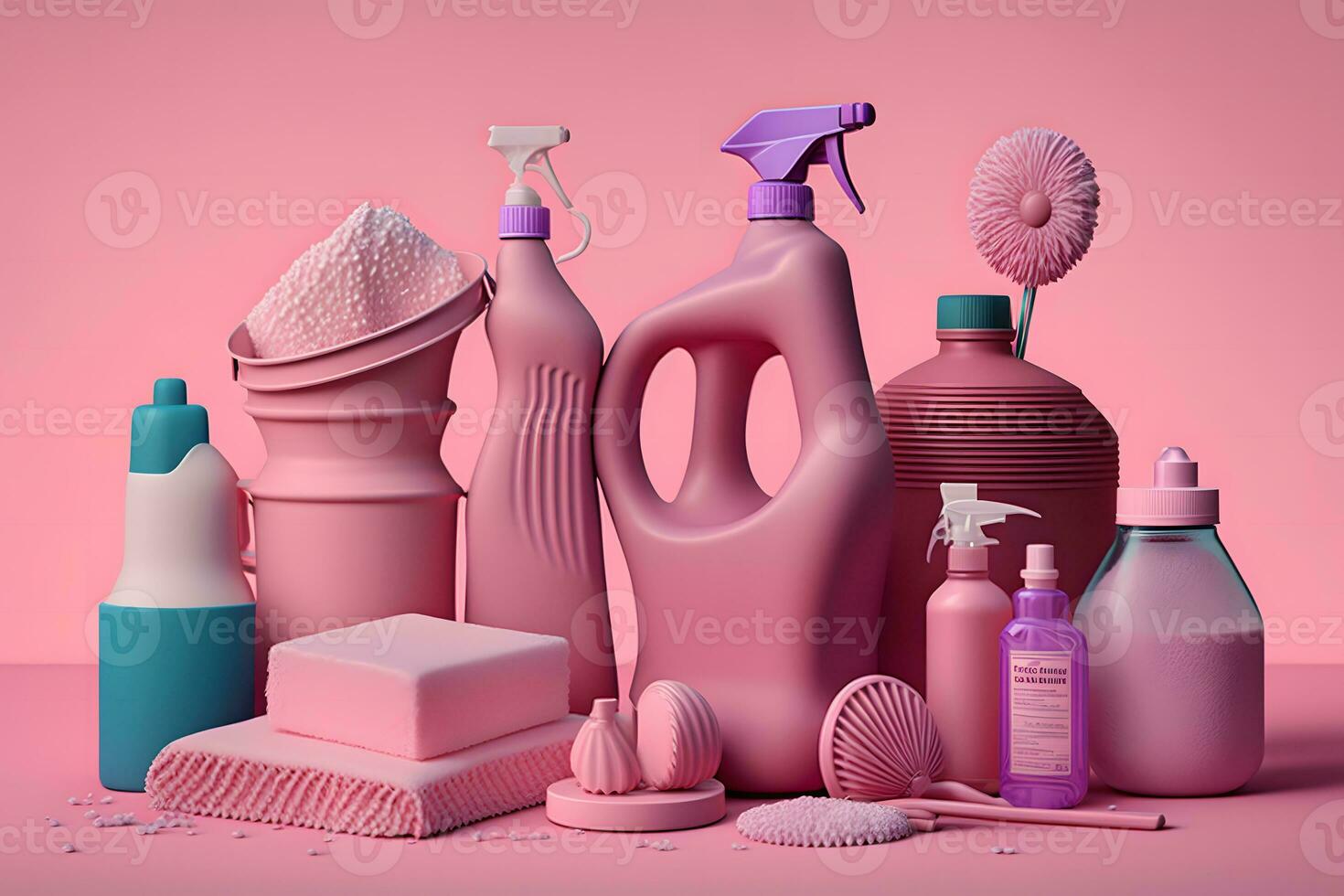 Creative still life with supplies for cleaning or housekeeping on podiums over pink background. Neural network AI generated photo
