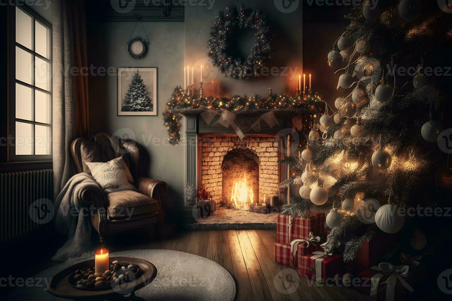 Beautiful cozy Christmas interior with a fireplace. Neural network AI generated photo