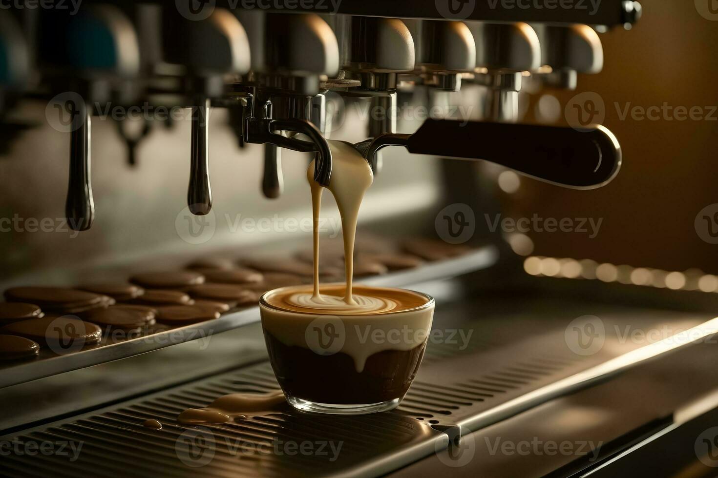 café hecho en profesional Café exprés máquina torrencial dentro un taza. neural red ai generado foto