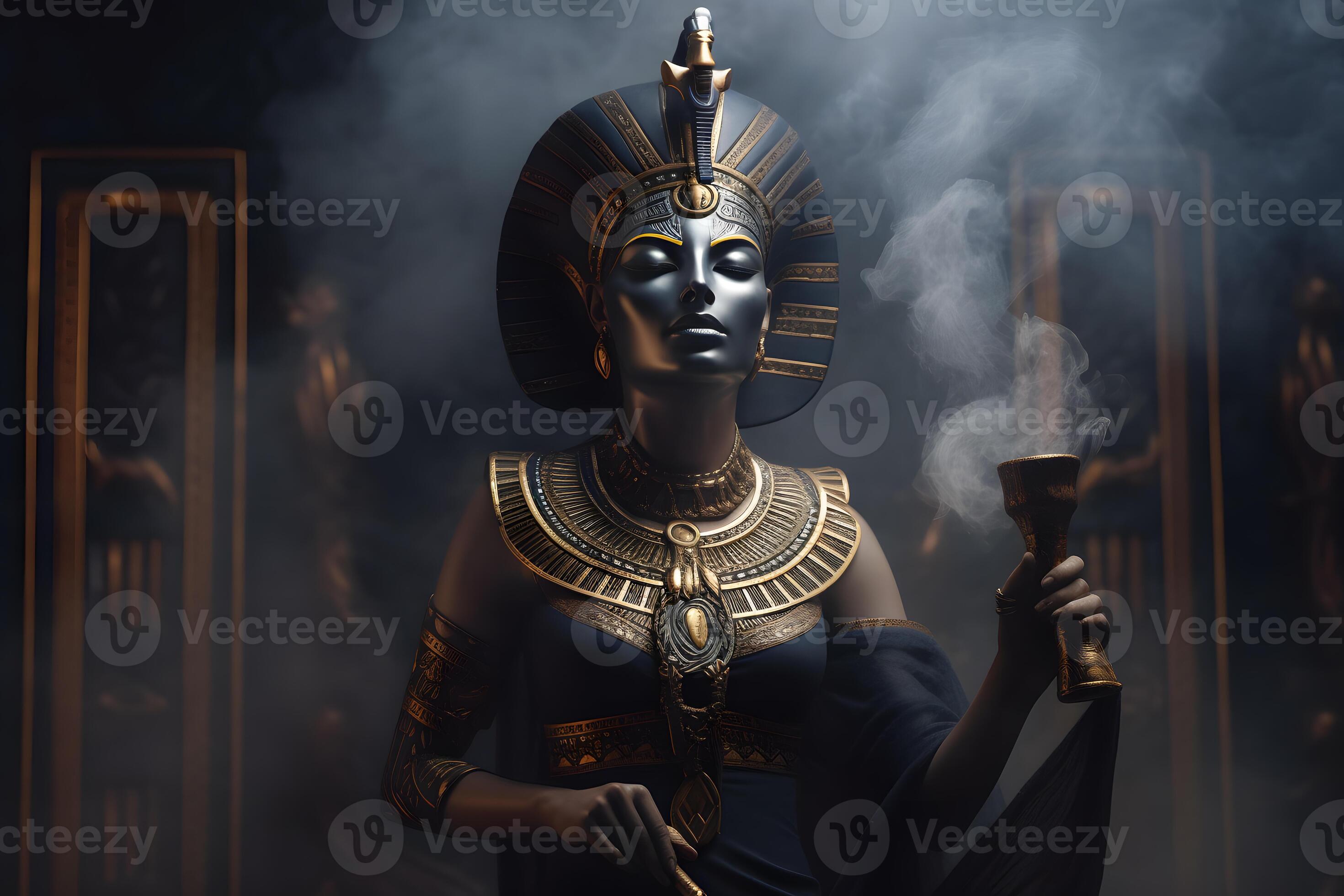 Egyptian goddess on black background. Neural network AI generated art