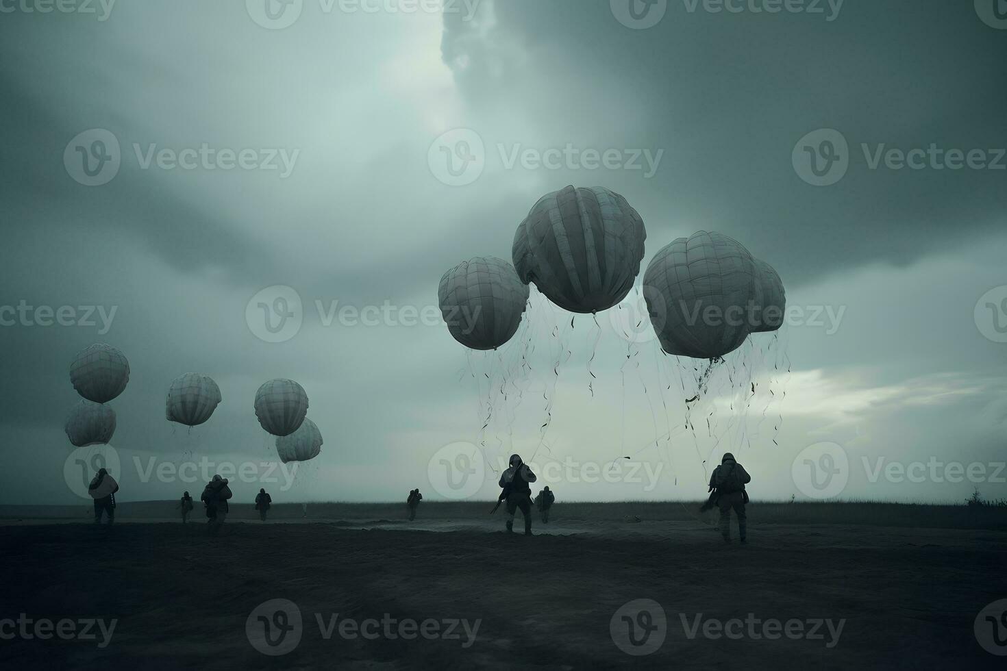 Military parachutist paratroopers jumping out of an air force airplane. Neural network AI generated photo