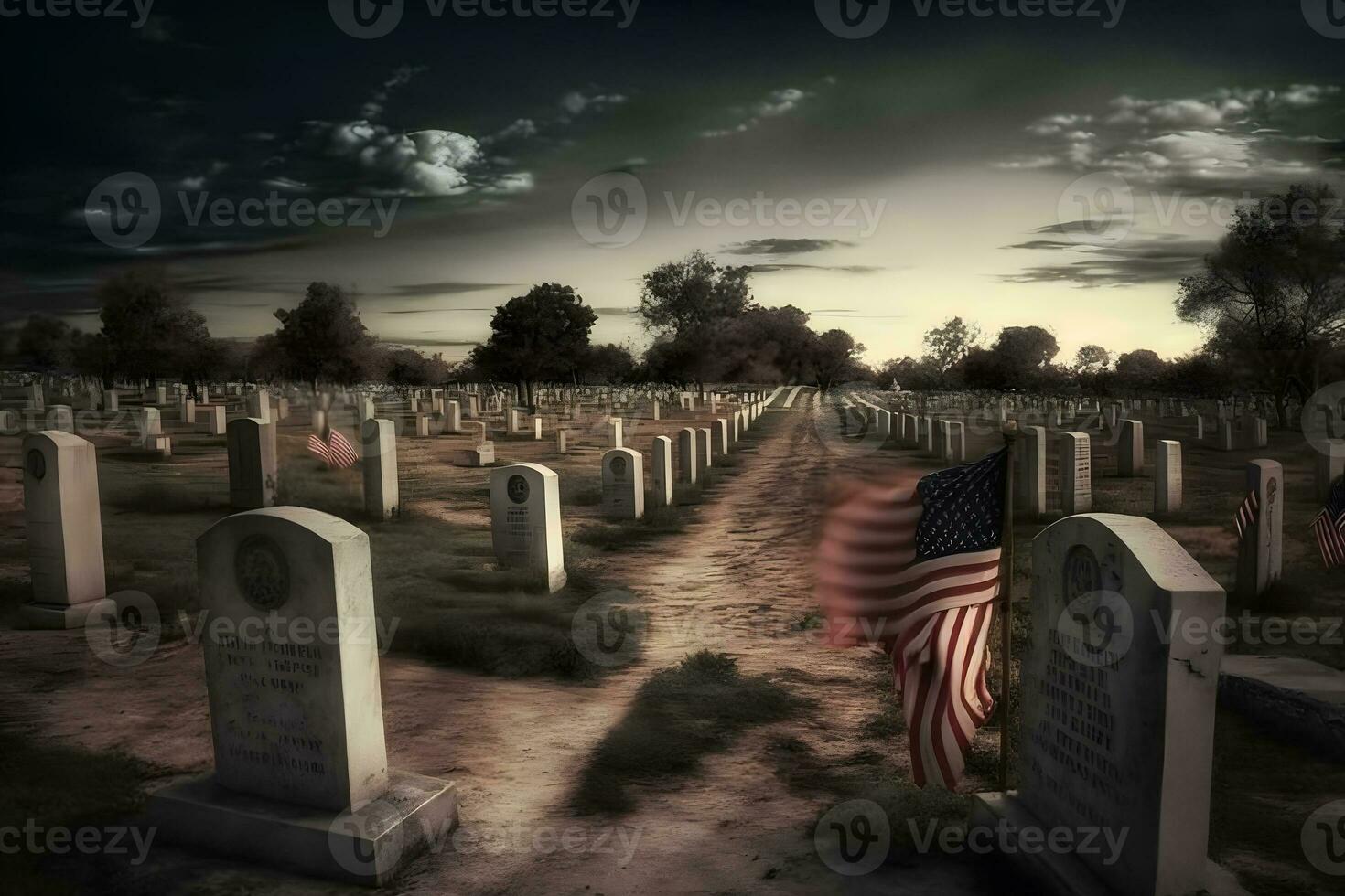 American flag waving next to a grave at the American Cemetery and Memorial. Neural network AI generated photo