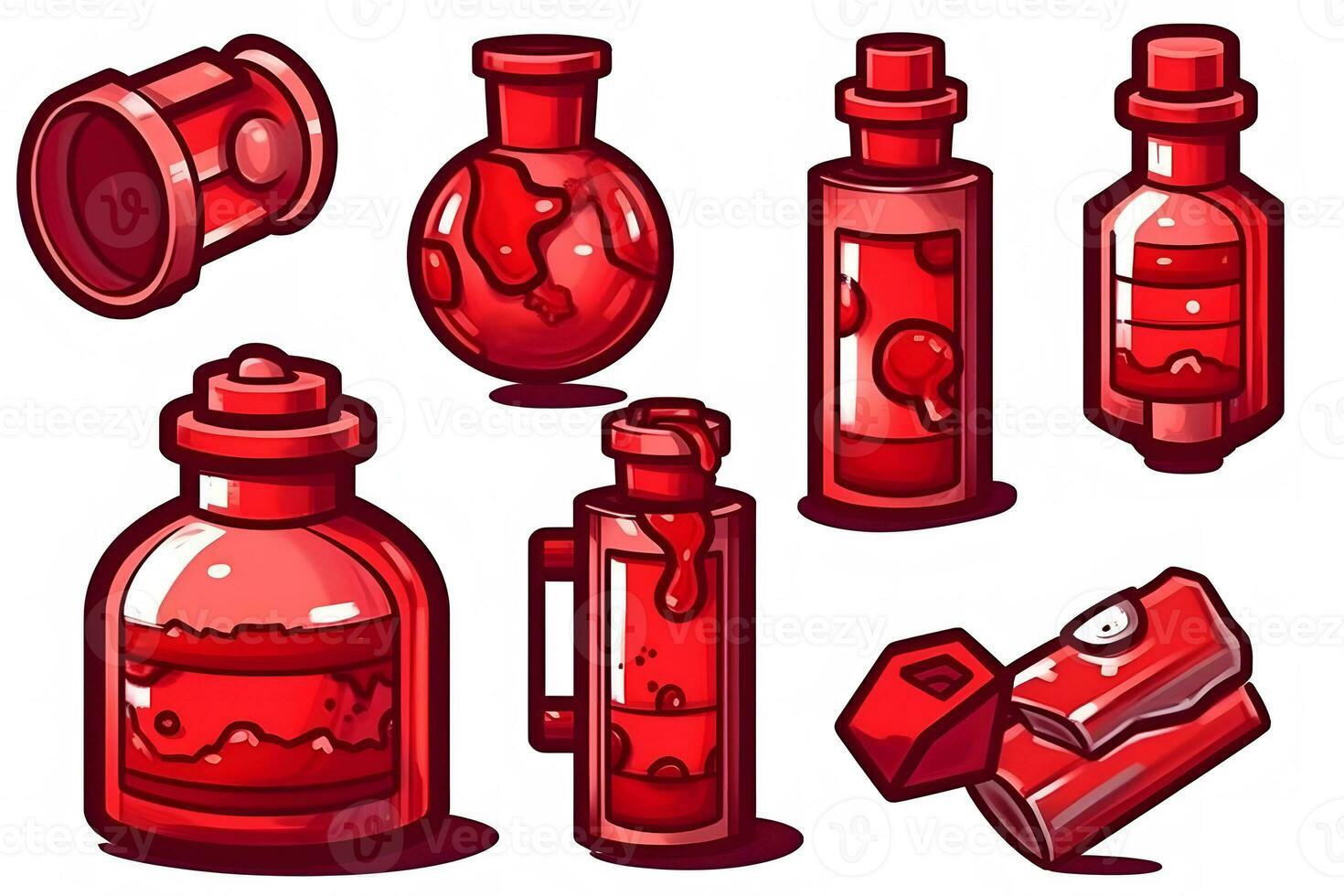 Set of magical red potion bottles. Neural network AI generated art photo