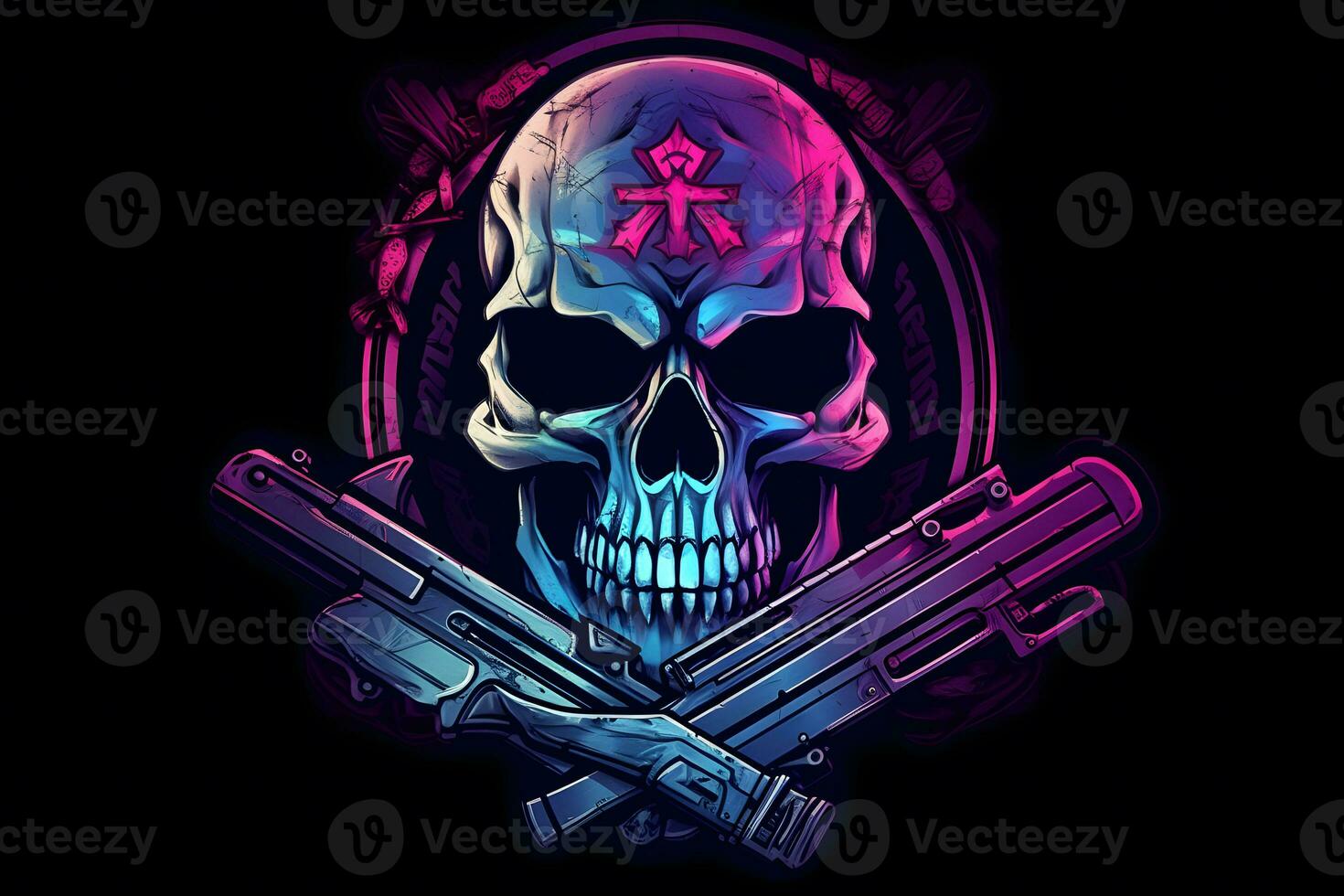 Purple punk cyber human skull with weapon. Neural network AI generated photo