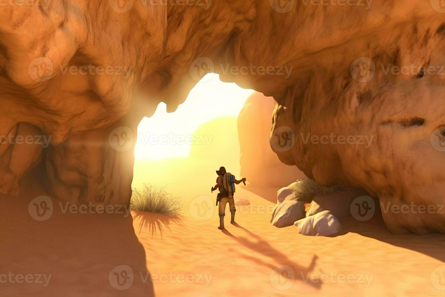 hombre en pie en frente de un cueva entrada. neural red ai generado foto