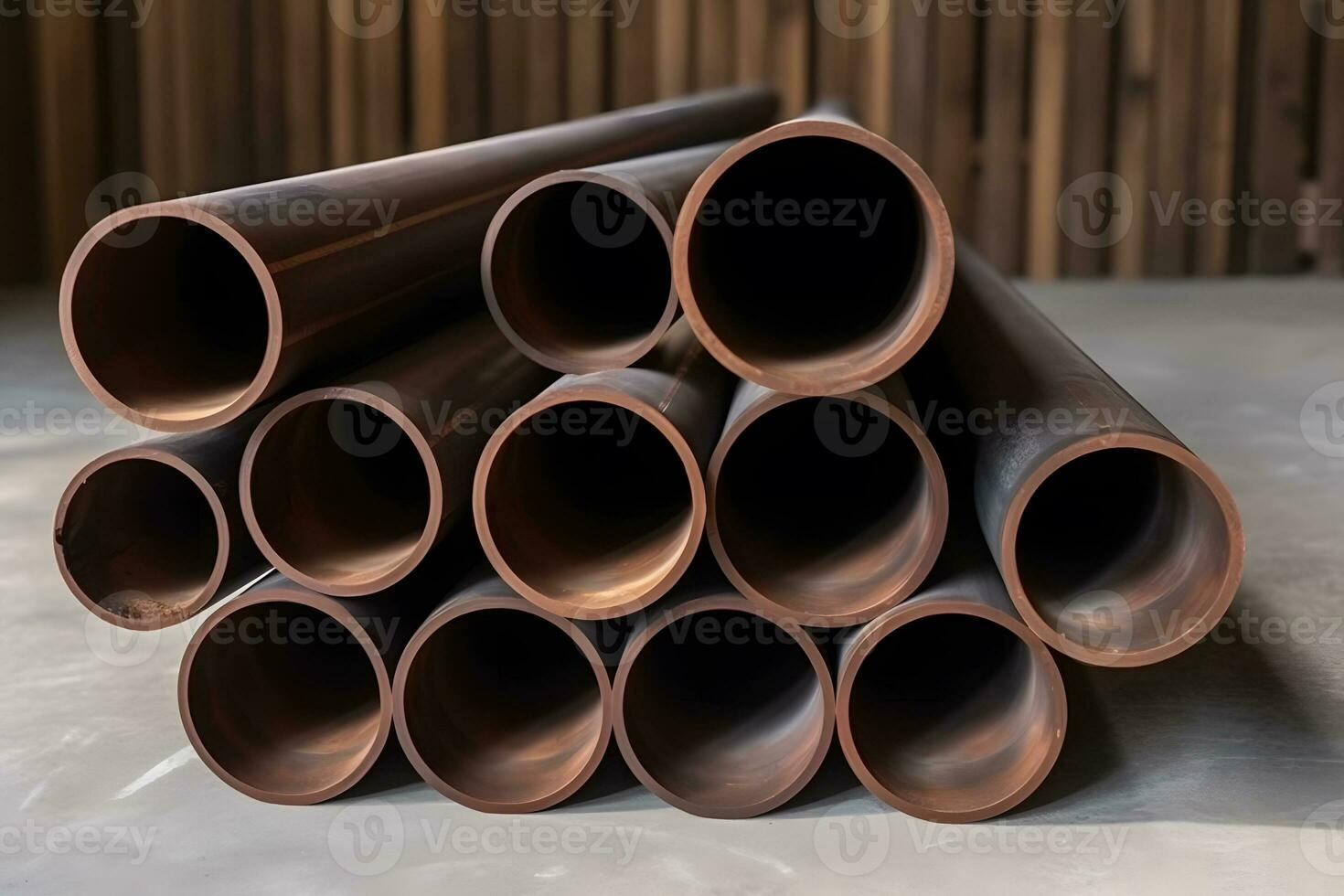 high quality Galvanized steel pipe or Aluminum and chrome stainless pipes in stack waiting for shipment in warehouse. Neural network AI generated art photo