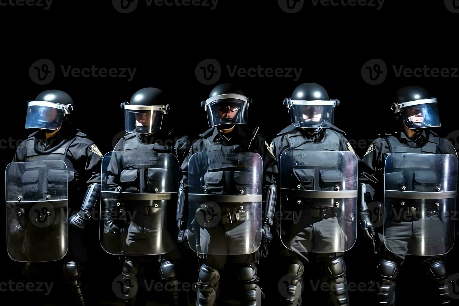 Low angle of anonymous police soldiers in protective uniforms and helmets standing against squad van and defending by riot shields. Neural network AI generated photo