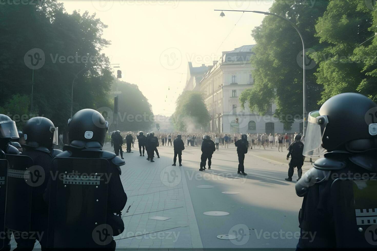 Low angle of anonymous police soldiers in protective uniforms and helmets standing against squad van and defending by riot shields. Neural network AI generated photo