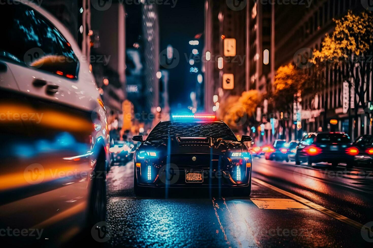 Blue light flasher atop of a police car. City lights on the background. Neural network AI generated photo