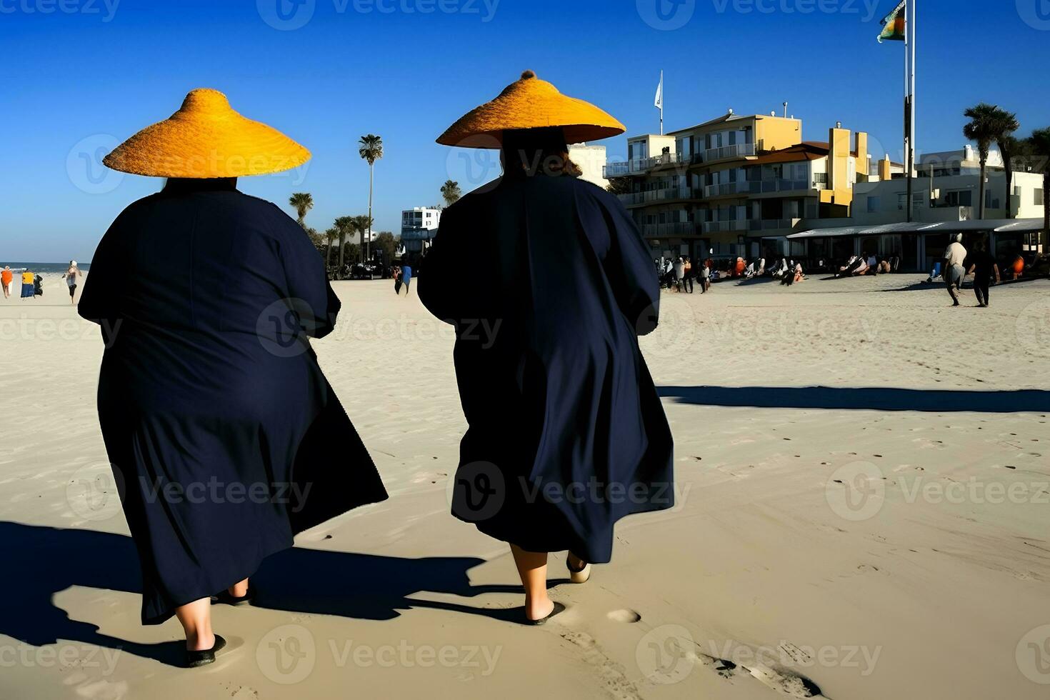 Two plus size overweight sisters twins women happy and proud of their bodies walking at the beach on summer holidays. Neural network AI generated photo