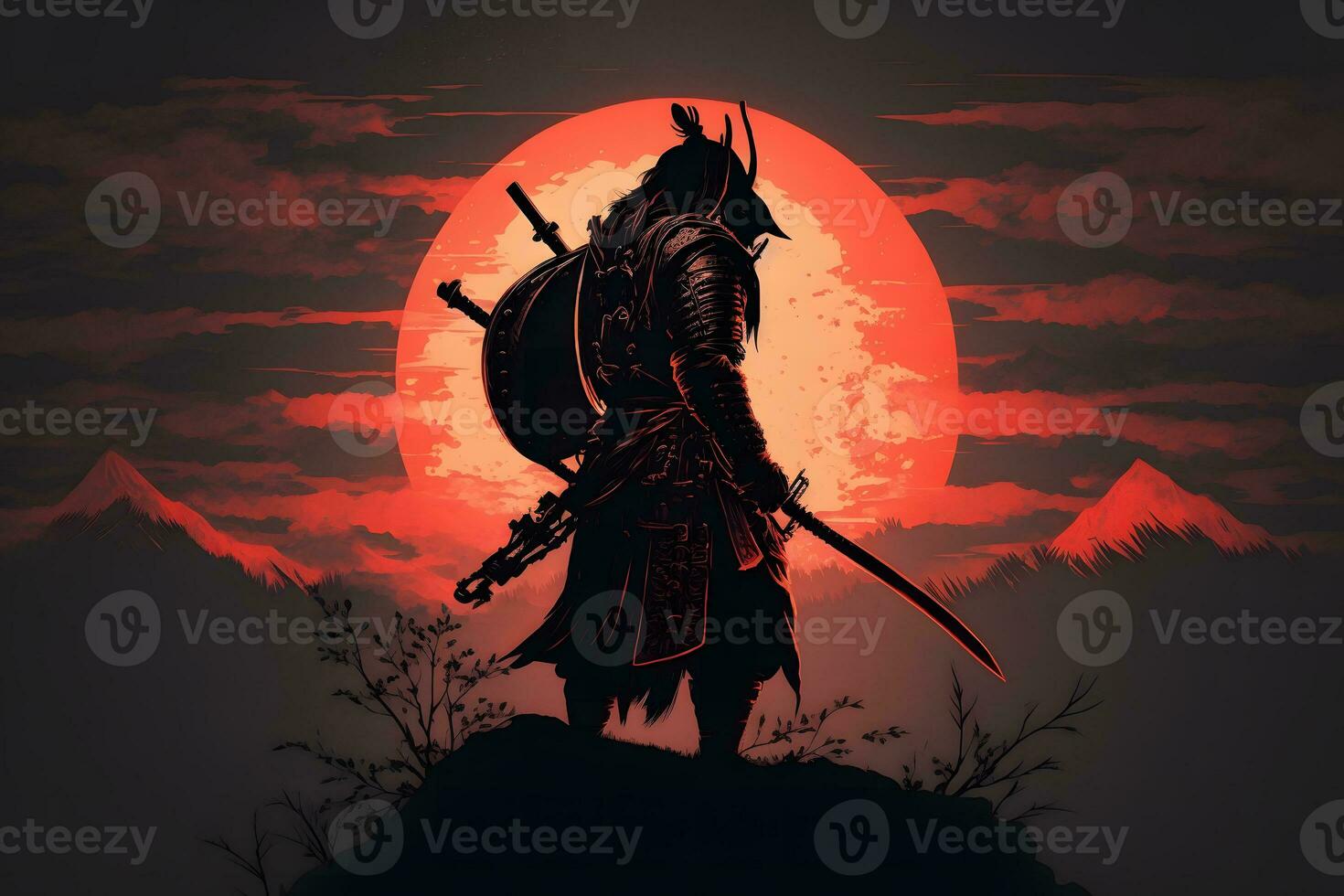 Samurai warrior on the background of the moon. cartoon fantasy. Neural network AI generated photo