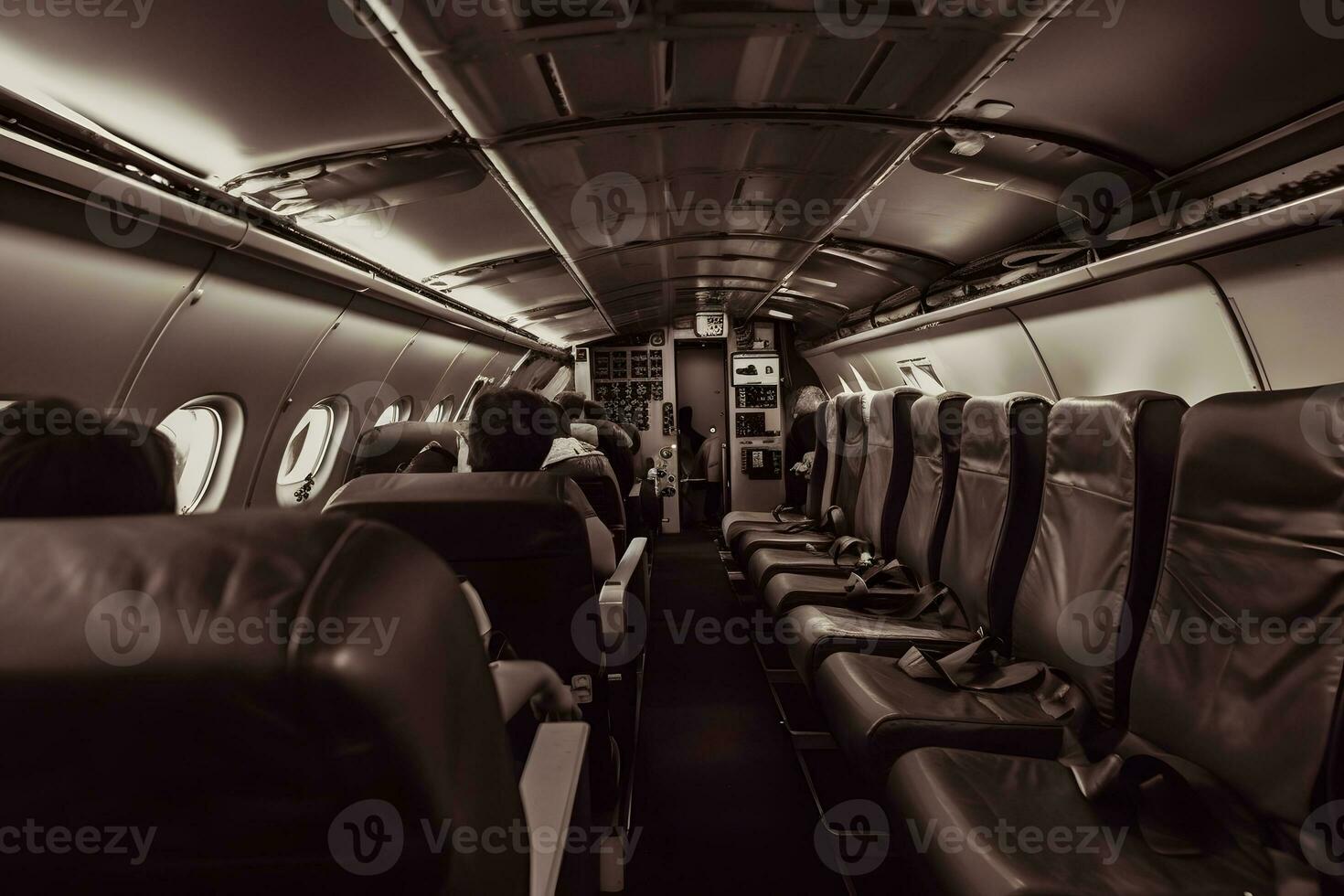 Inside empty passenger aircraft cabin. Neural network AI generated photo