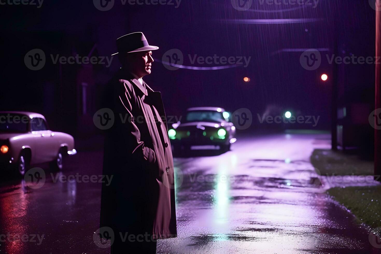 detective en el lluvia en el noche ciudad. neural red ai generado foto